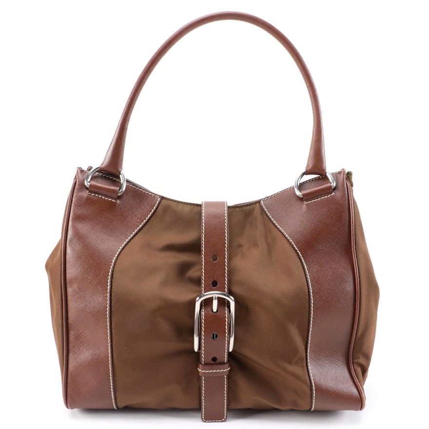 Prada Brown Nylon and Saffiano Leather Shoulder Bag with Contrast Stitching