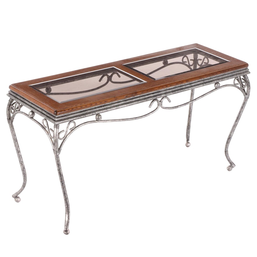 Scrolled and Patinated Metal Console Table with Oak and Glass Top