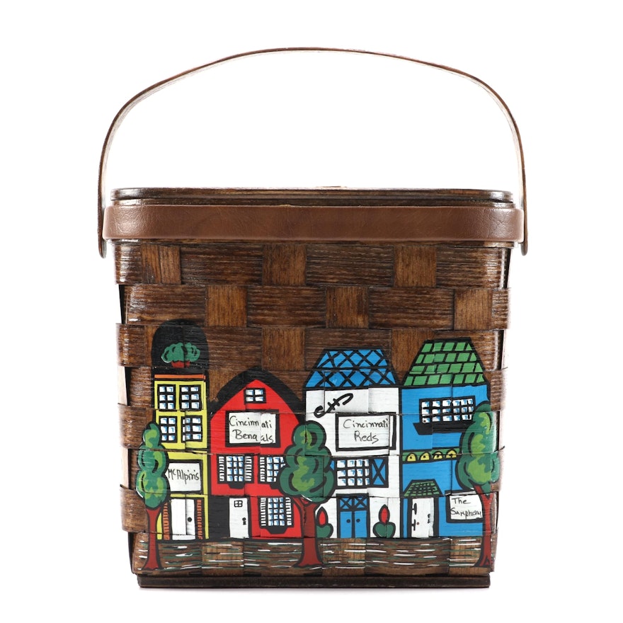 Caro-Nan "McAlpins" Cincinnati-Themed Painted Wooden Basket Bag, 1970s Vintage