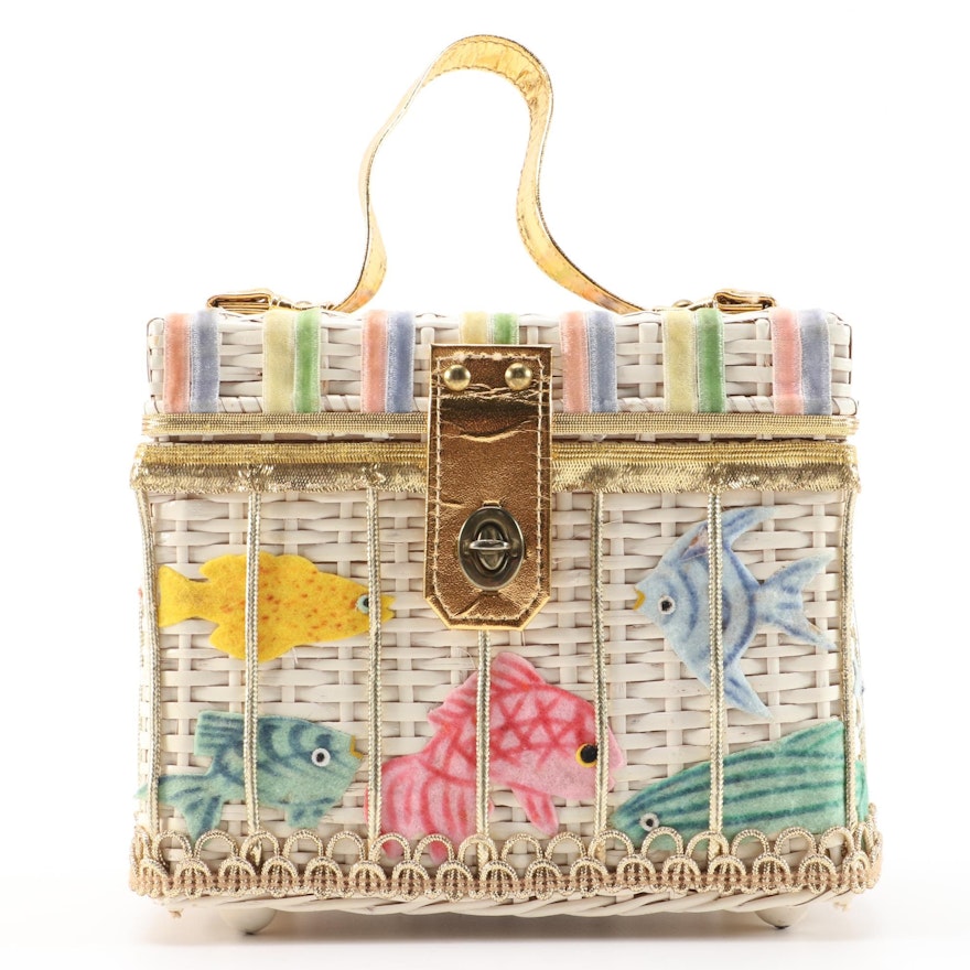Magid Handmade Wicker Basket Handbag with Velveteen Ribbon and Fish Appliqué