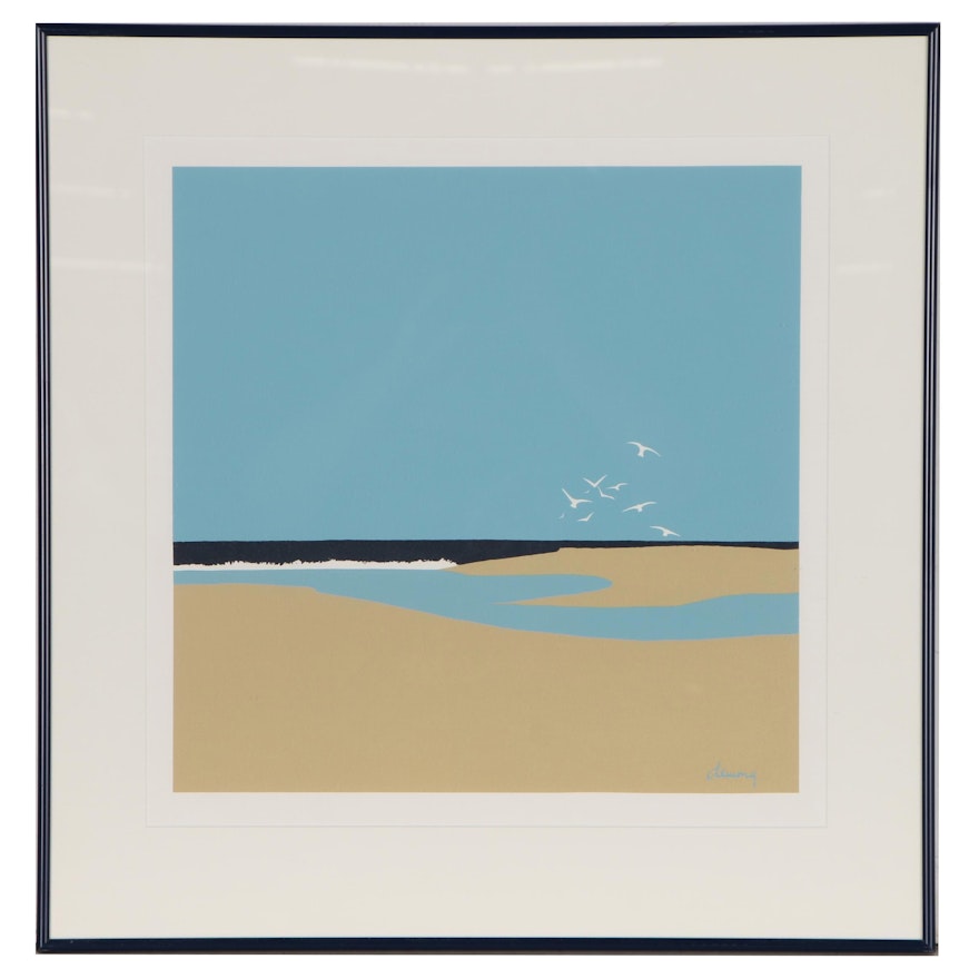 Phyllis Demong Serigraph Beach Landscape with Seagulls, Late 20th century