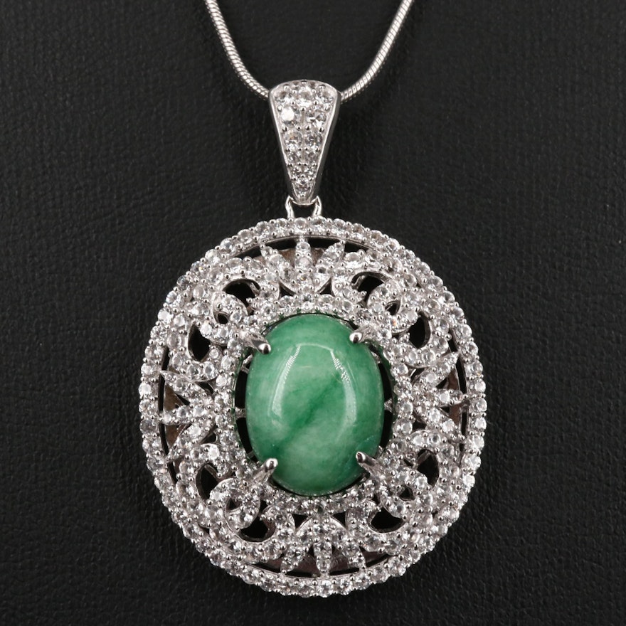 Sterling Silver Green Beryl and White Sapphire Openwork Pendant Necklace