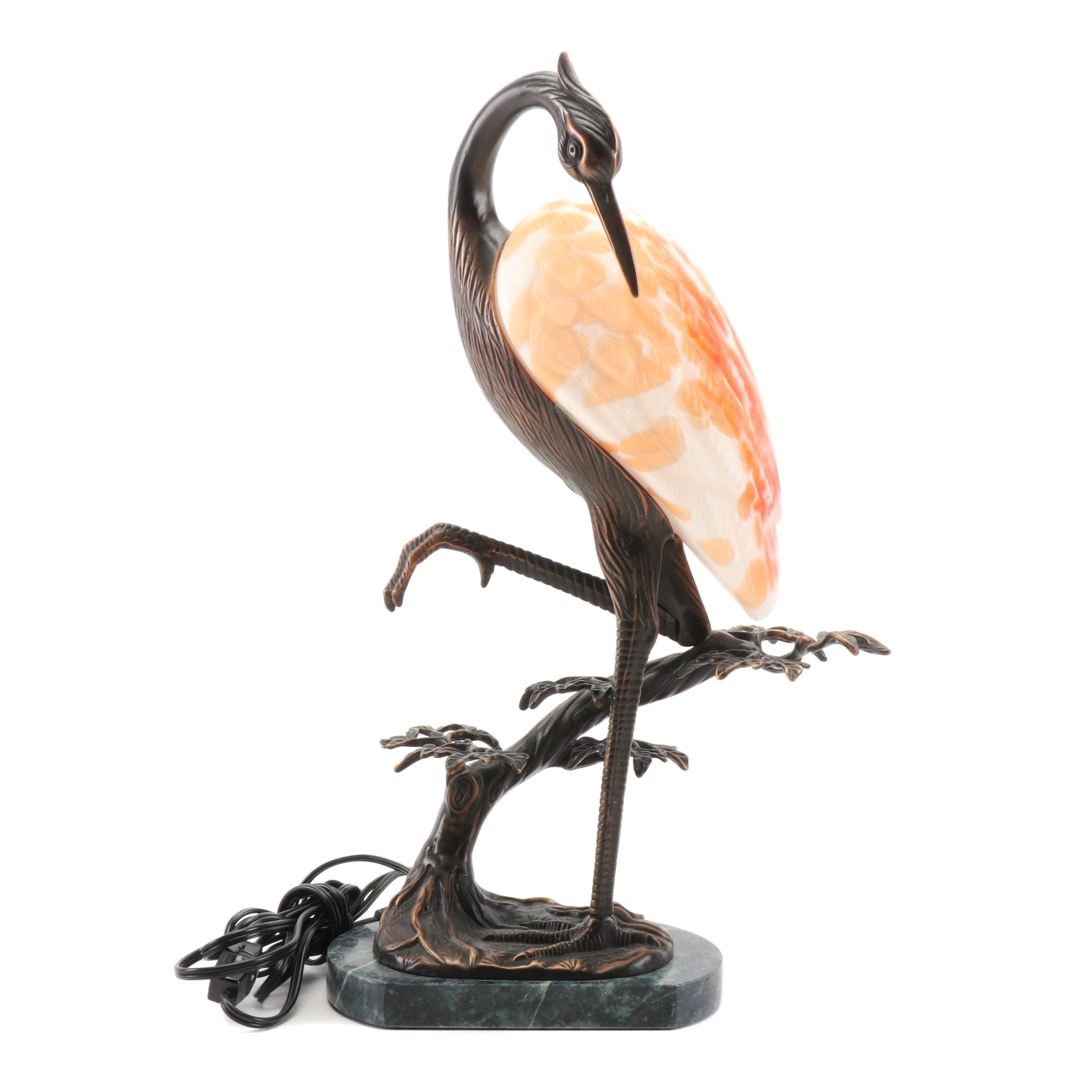 Andrea by Sadek Tin Chi 1996 Cast Brass and Art Glass Heron Lamp