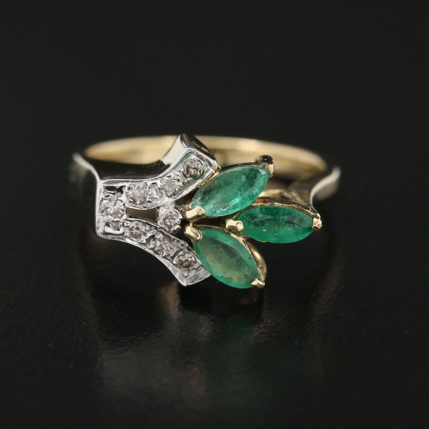 14K Emerald and Diamond Floral Spray Ring