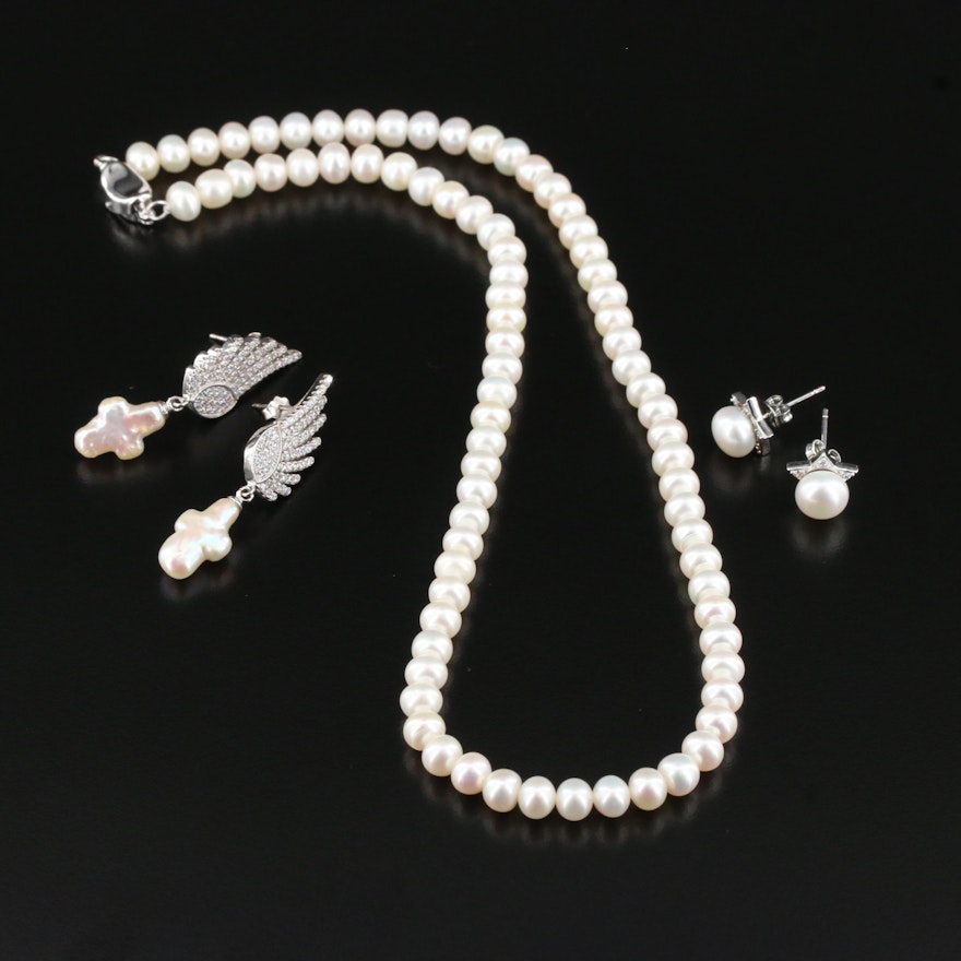 Sterling Silver Pearl and Cubic Zirconia Necklace and Earrings