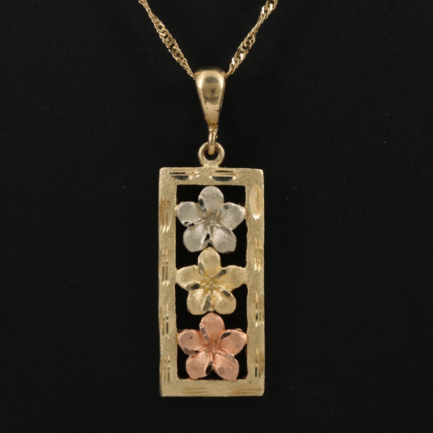 14K Tri-Color Floral Bar Pendant Necklace