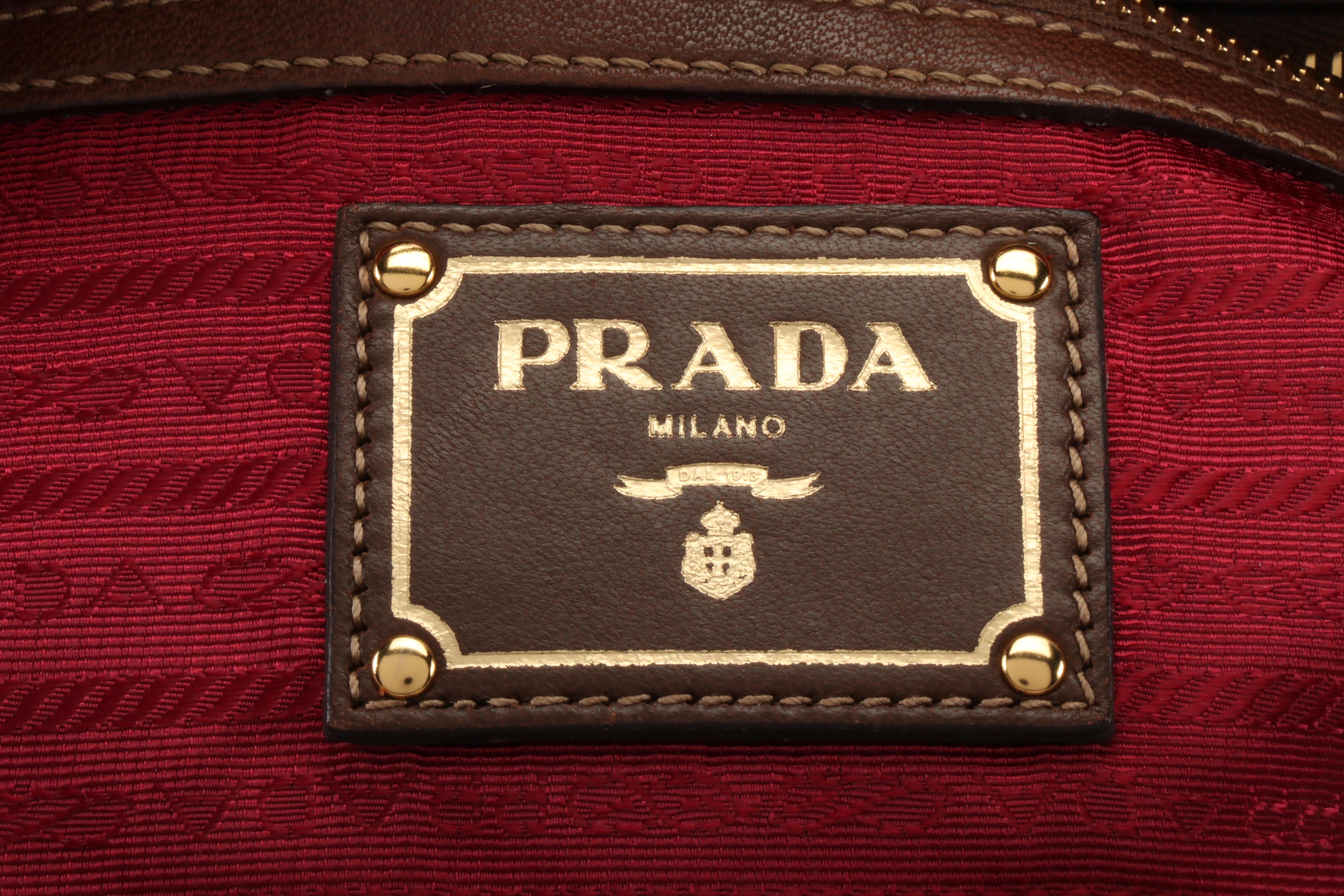 Prada Dark Red Nylon Satin Drawstring Tote with Brown Leather Trim