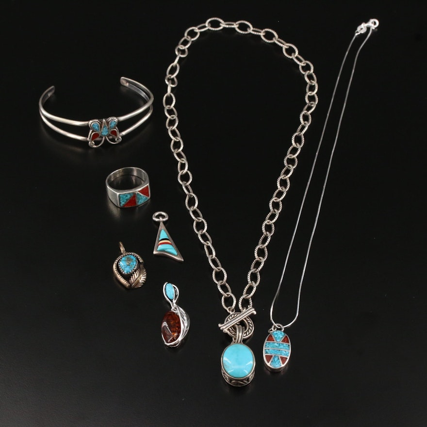 Western Style Sterling Silver Jewelry with Turquoise and Coral