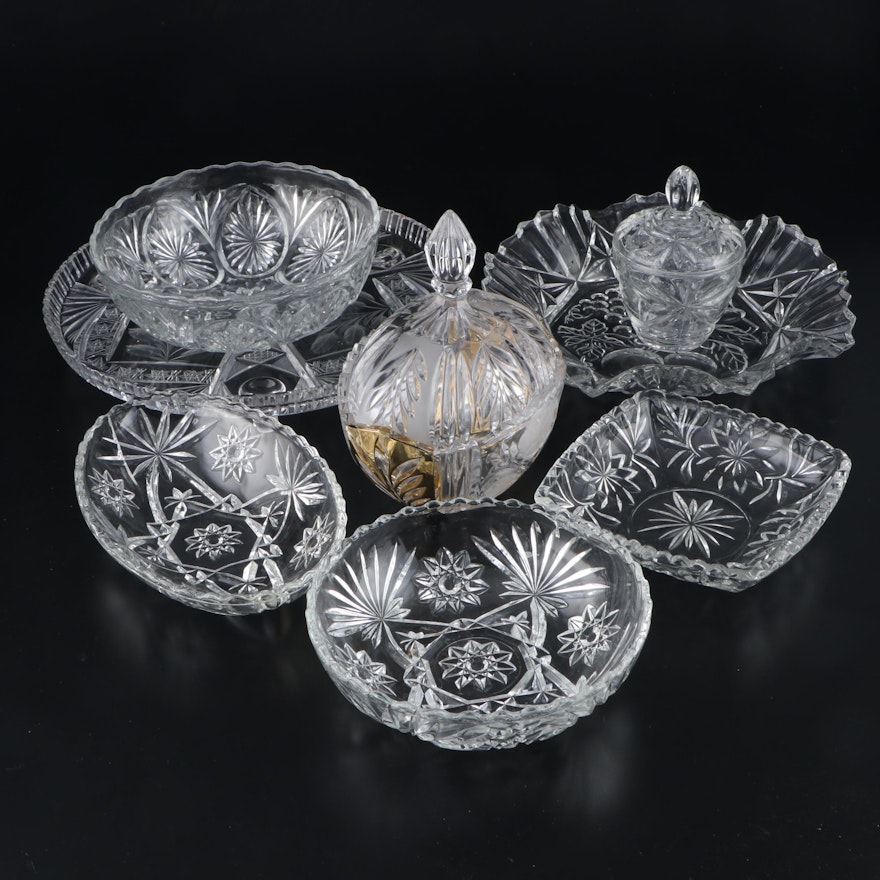 Oval Crystal Candy Dish, Cut Glass Cake Plate and Other Pressed Glass Serveware