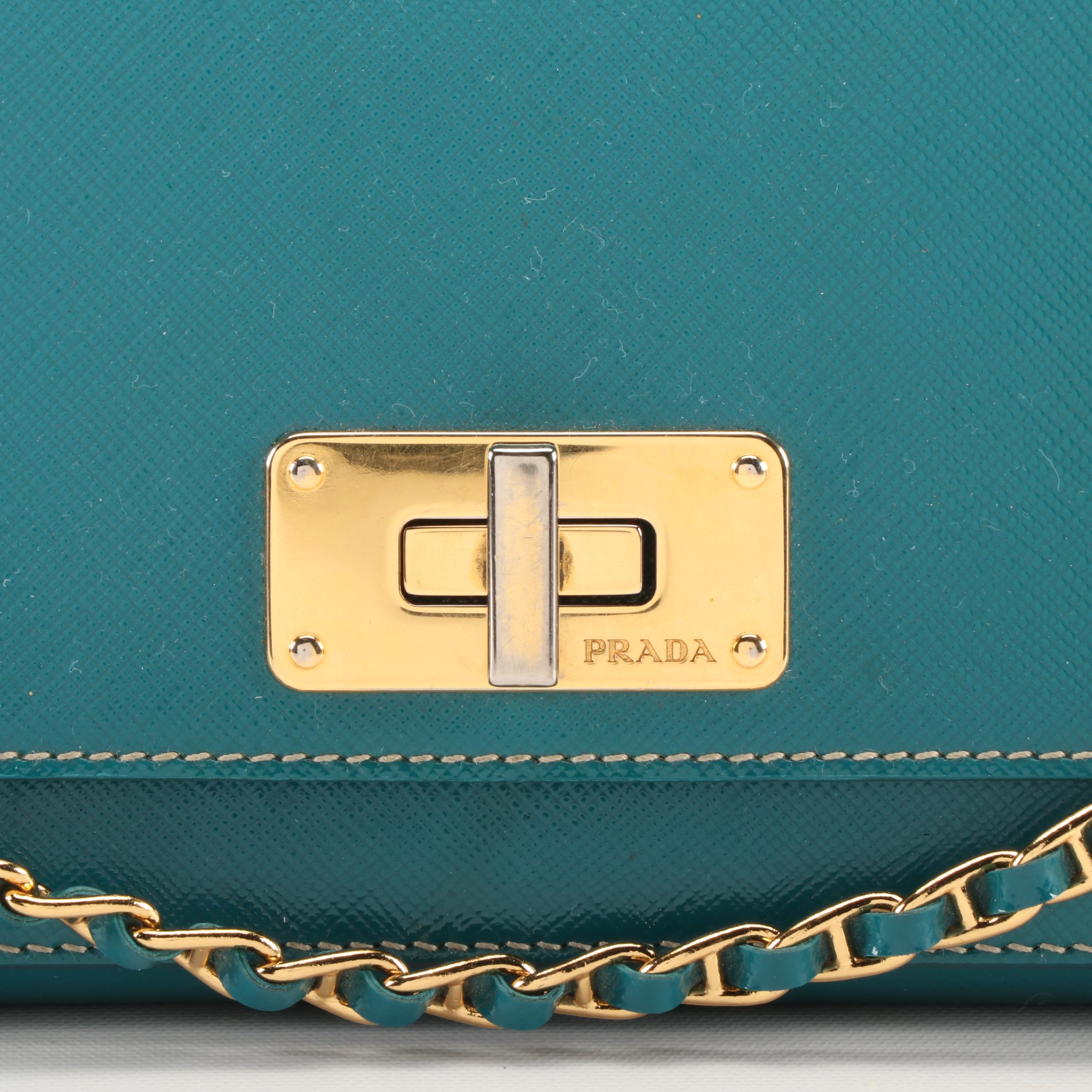 Prada Convertible Clutch Purse in Ottanio Saffiano Vernice Leather
