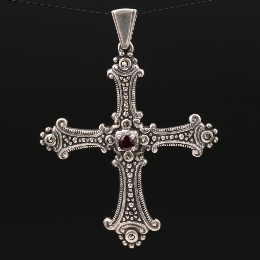 Sterling Silver Garnet and Marcasite Patonce Cross Pendant