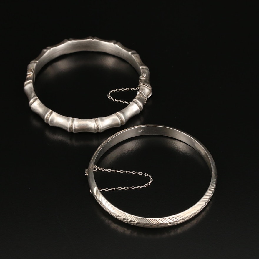 Sterling Hinged Bangles with Bamboo Motif and Bright Cut Accents