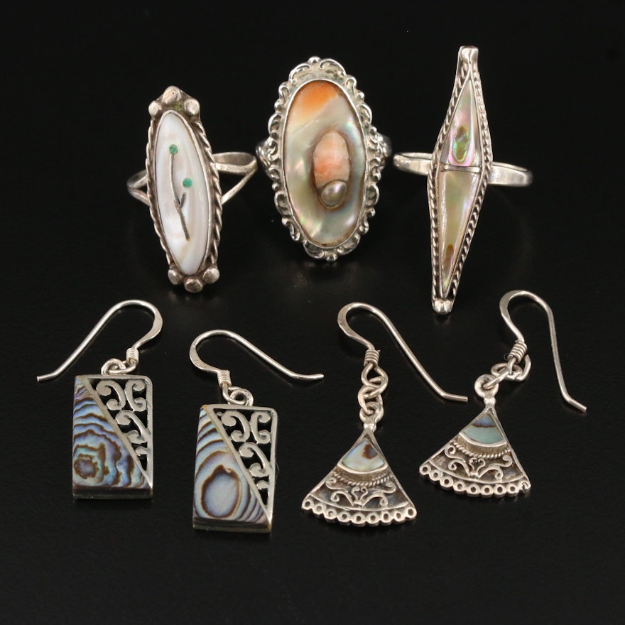 Sterling Earring and Ring Selection Featuring Mother of Pearl and Abalone