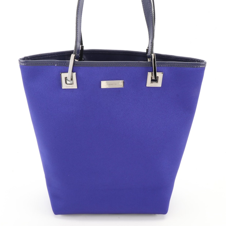 Gucci Small Bucket Tote Bag in Violet Blue Satin Fabric with Leather Trim