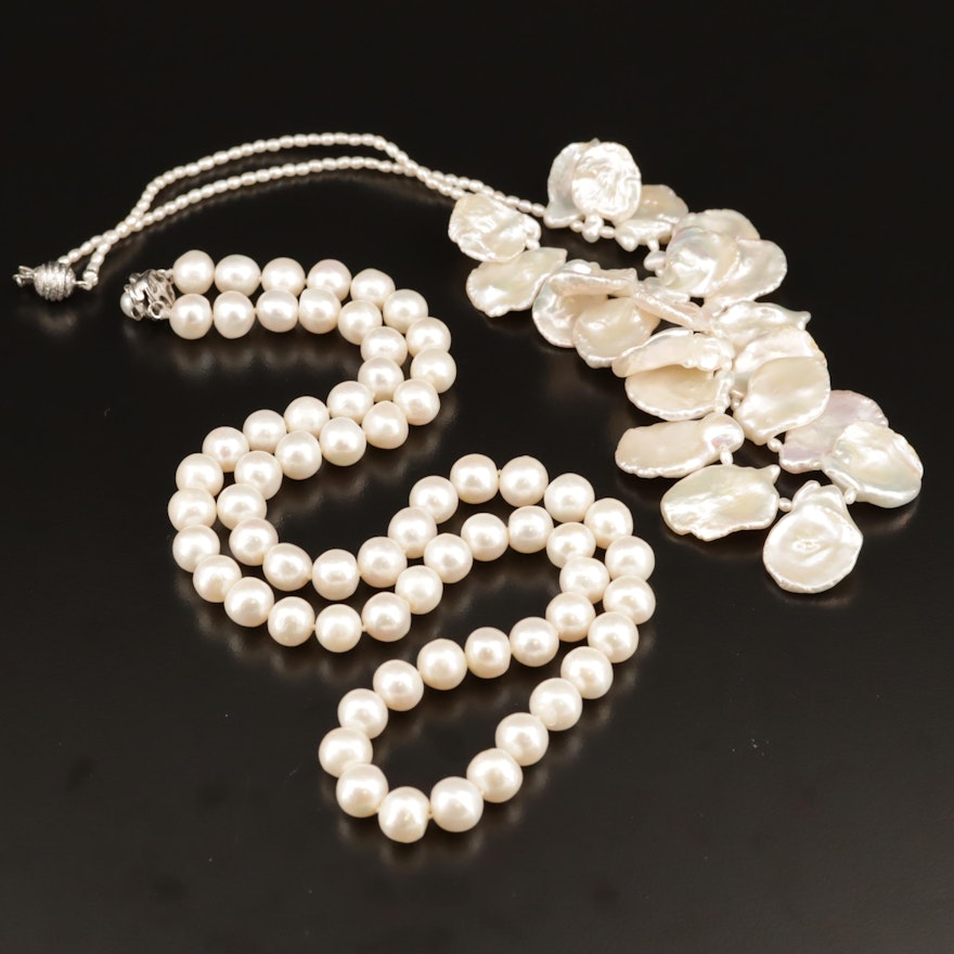 Pearl Necklace Selection Featuring Cornflake and Rice Pearls