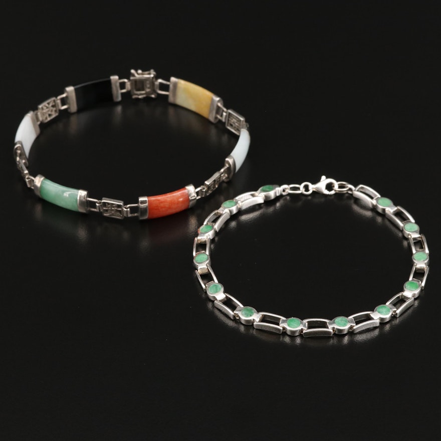 Sterling Silver Jadeite, Black Onyx and Aventurine Link Bracelets