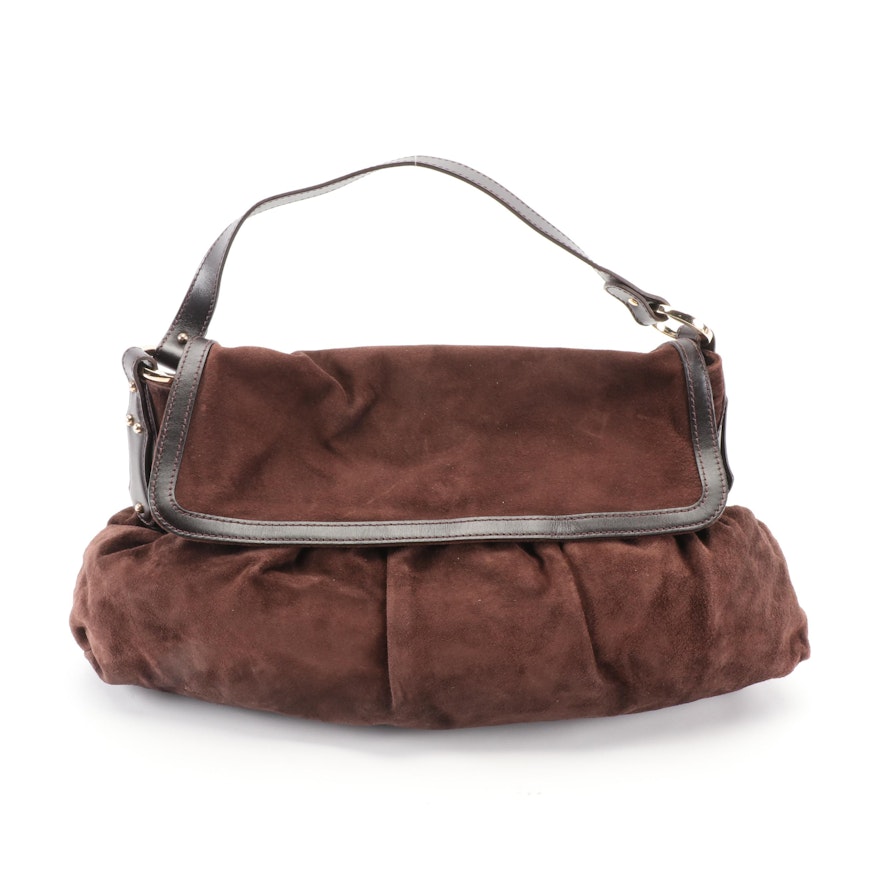 Fendi Chef Large Shoulder Bag in Dark Brown Suede with Leather Trim
