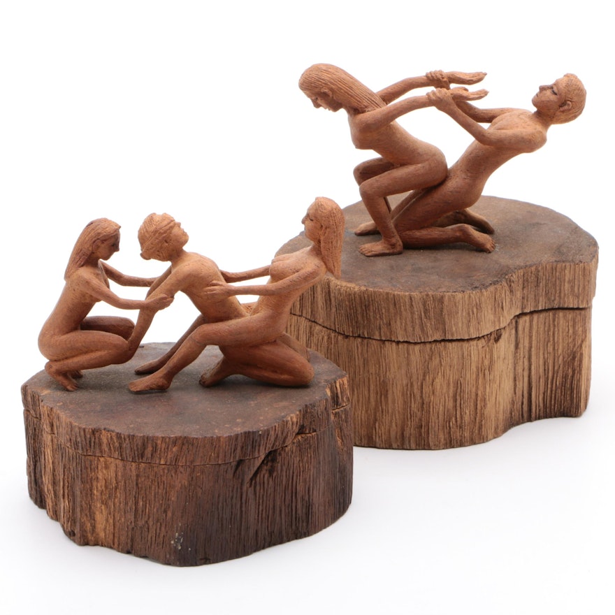 Hand-Carved Wood Erotic Figural Boxes