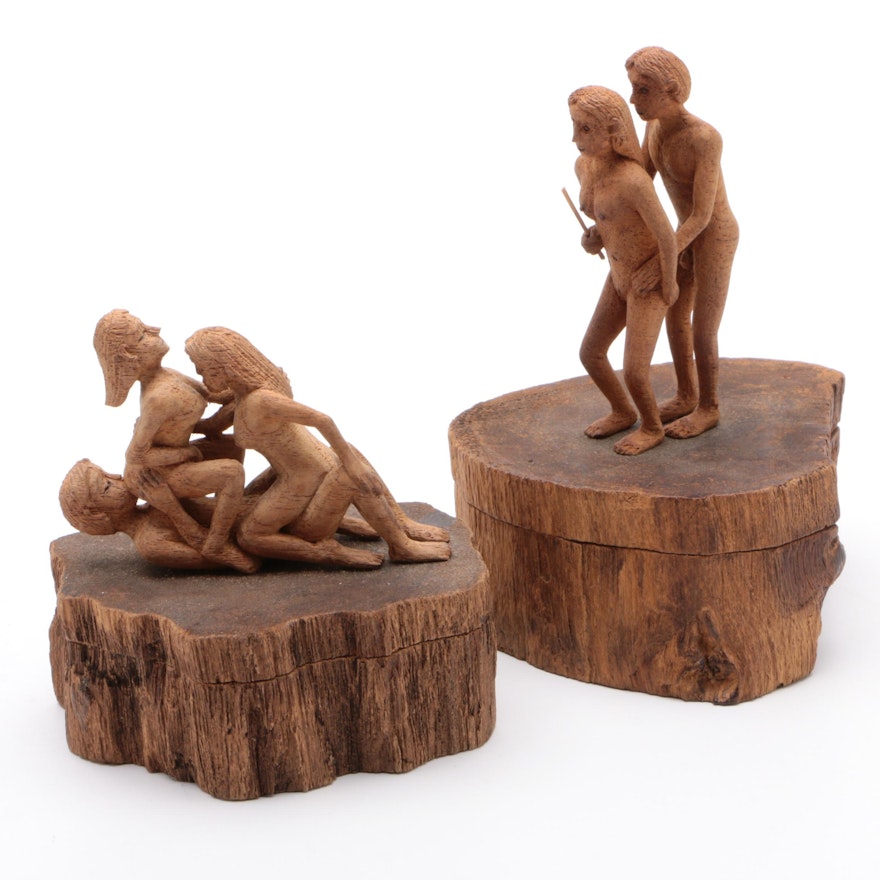 Hand-Carved Wood Erotic Figural Boxes