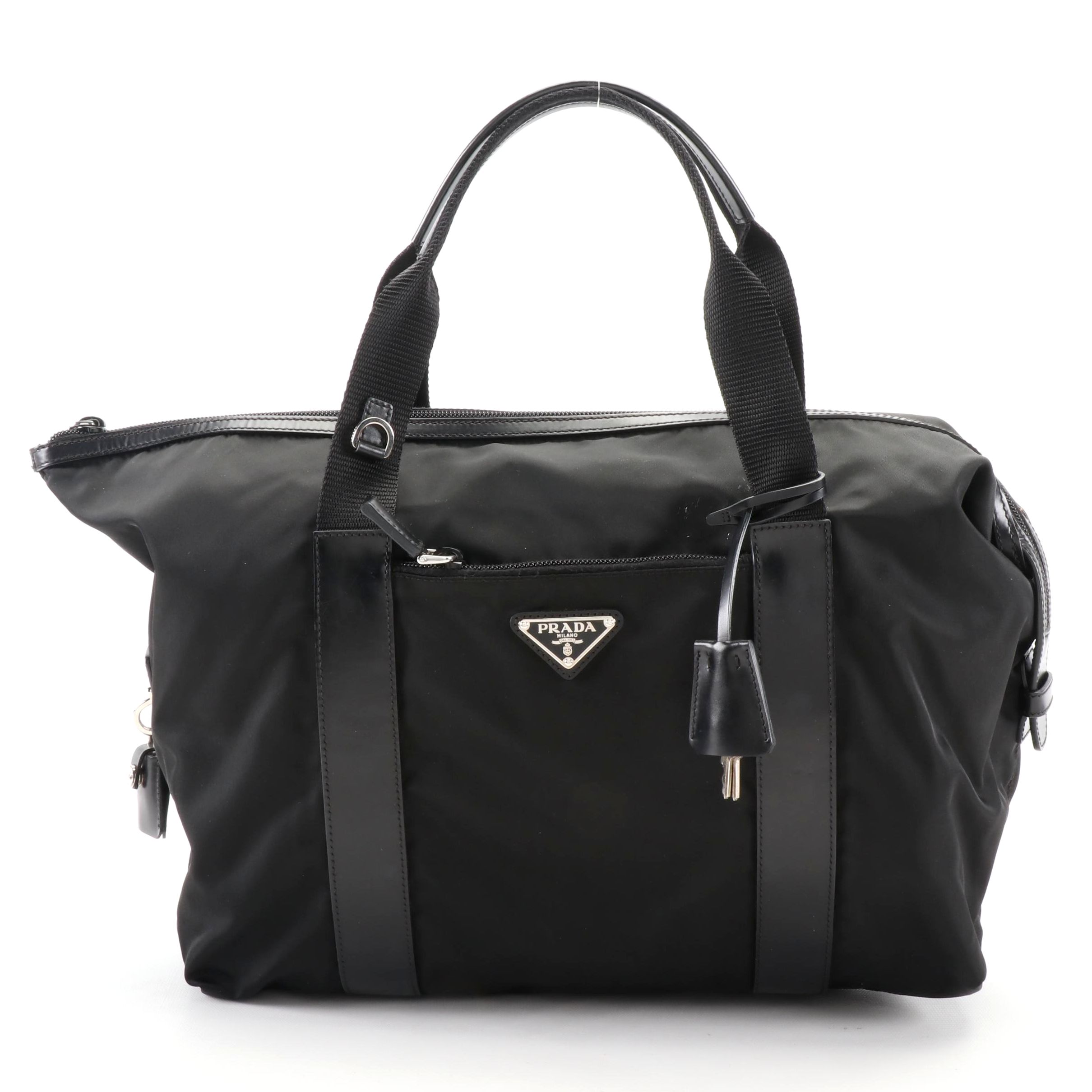 Prada Weekender Bag in Black Nylon and Smooth Leather with Padlock and Keys