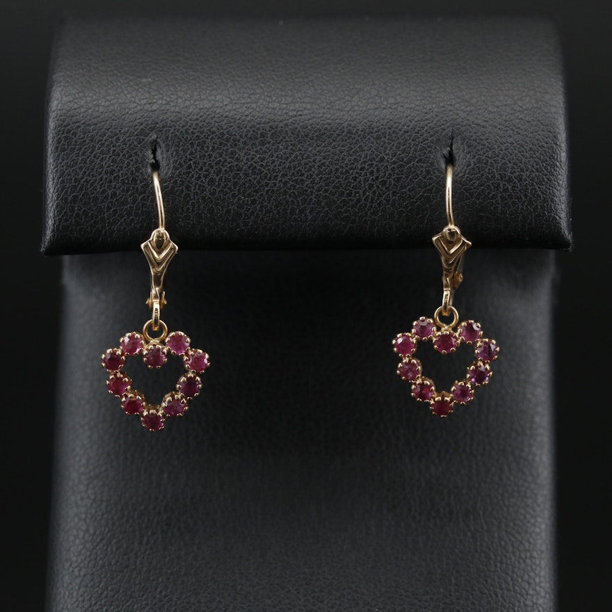 14K Ruby Heart Dangle Earrings