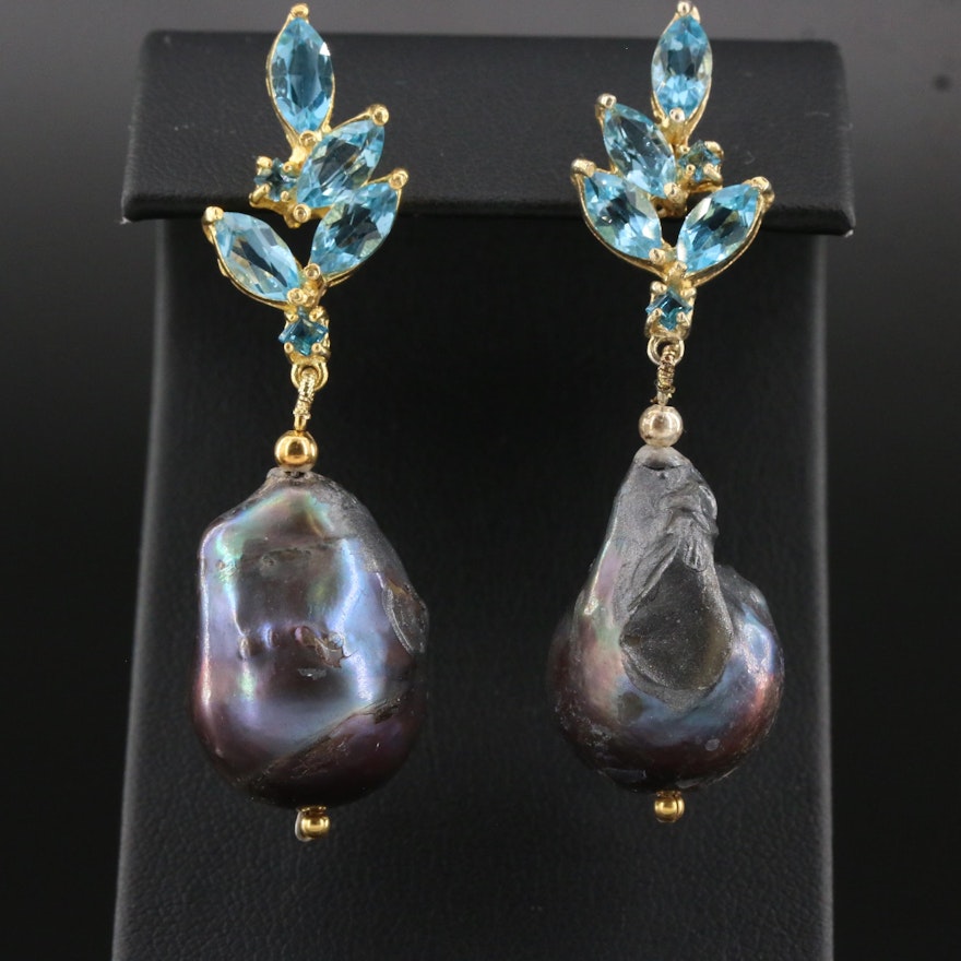 Sterling Silver Pearl and Blue Topaz Drop Earrings with Foliate Motif