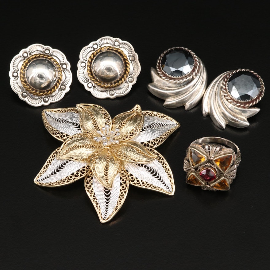 Sterling Silver Jewelry Including Filigree Flower Brooch and Button Earrings