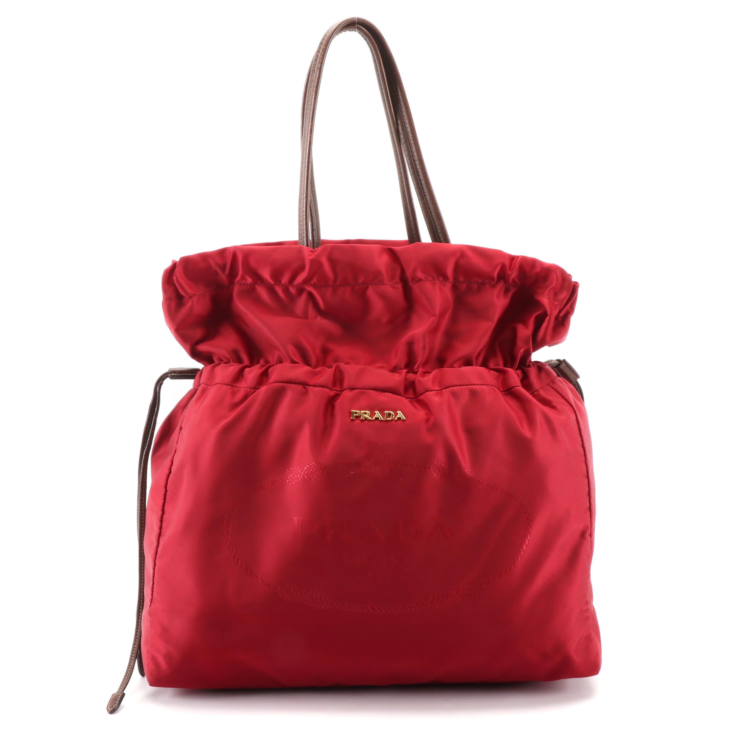 Prada Dark Red Nylon Satin Drawstring Tote with Brown Leather Trim