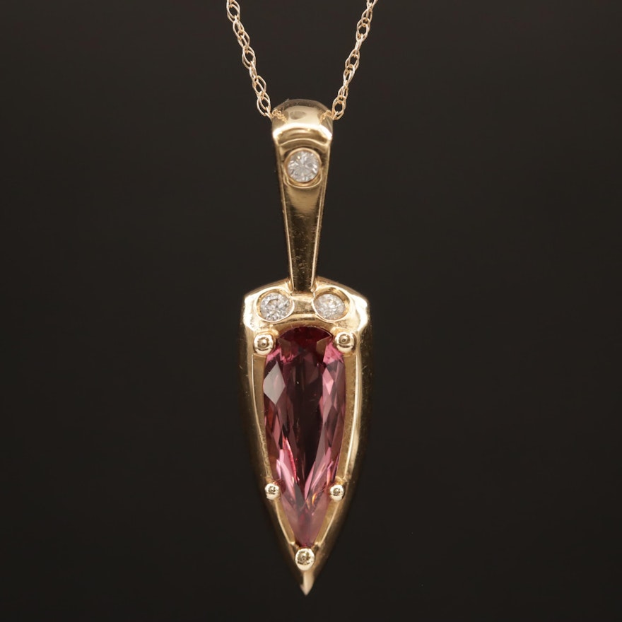 14K Pink Tourmaline and Diamond Pendant Necklace
