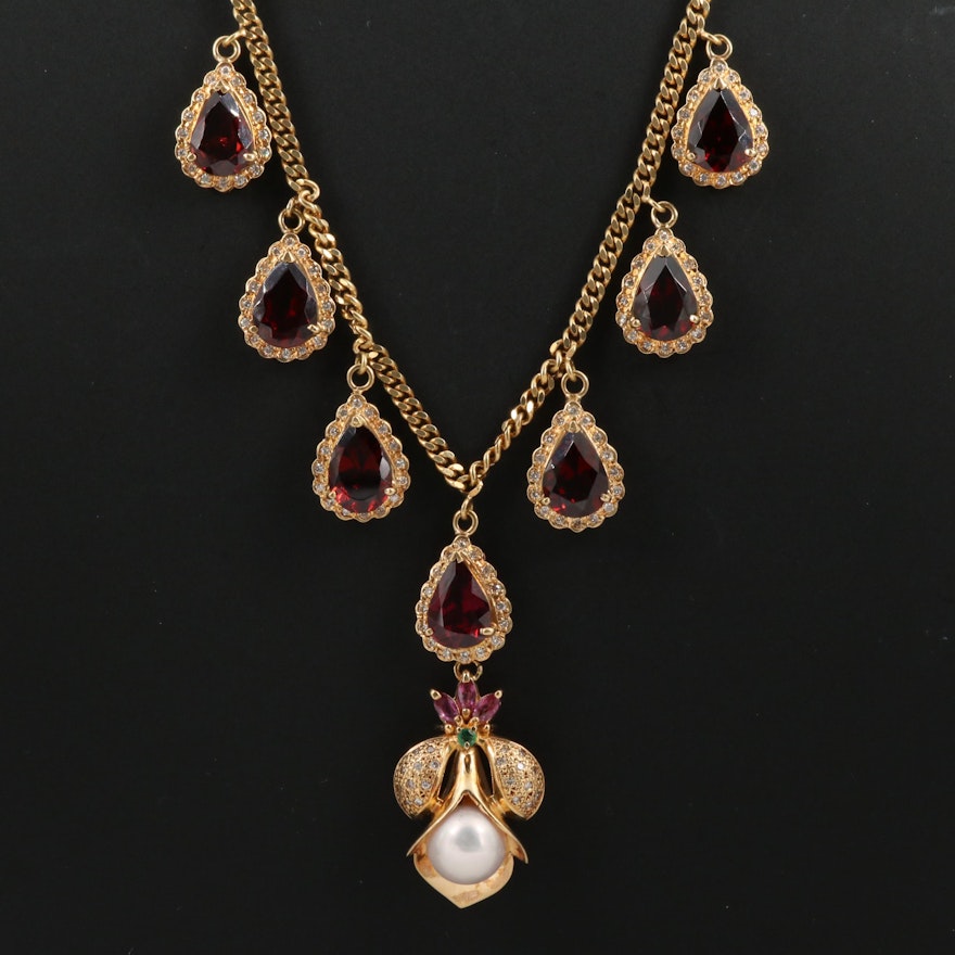 18K Pearl, Diamond, Garnet, Emerald and Ruby Fringe Necklace