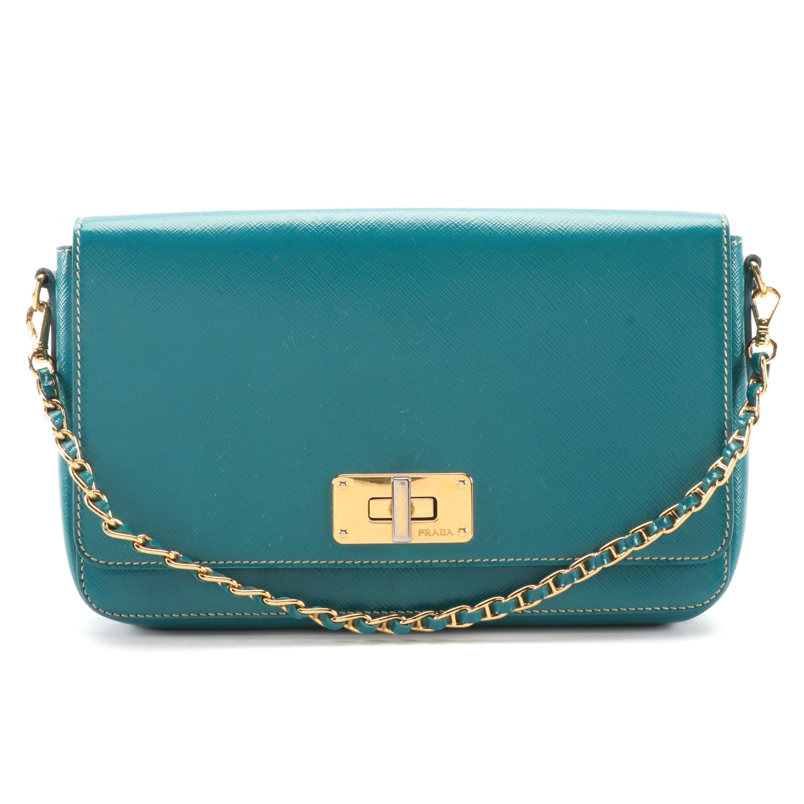 Prada Convertible Clutch Purse in Ottanio Saffiano Vernice Leather