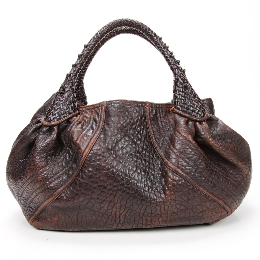 Fendi Brown Textured Leather Woven-Handle Hobo Bag