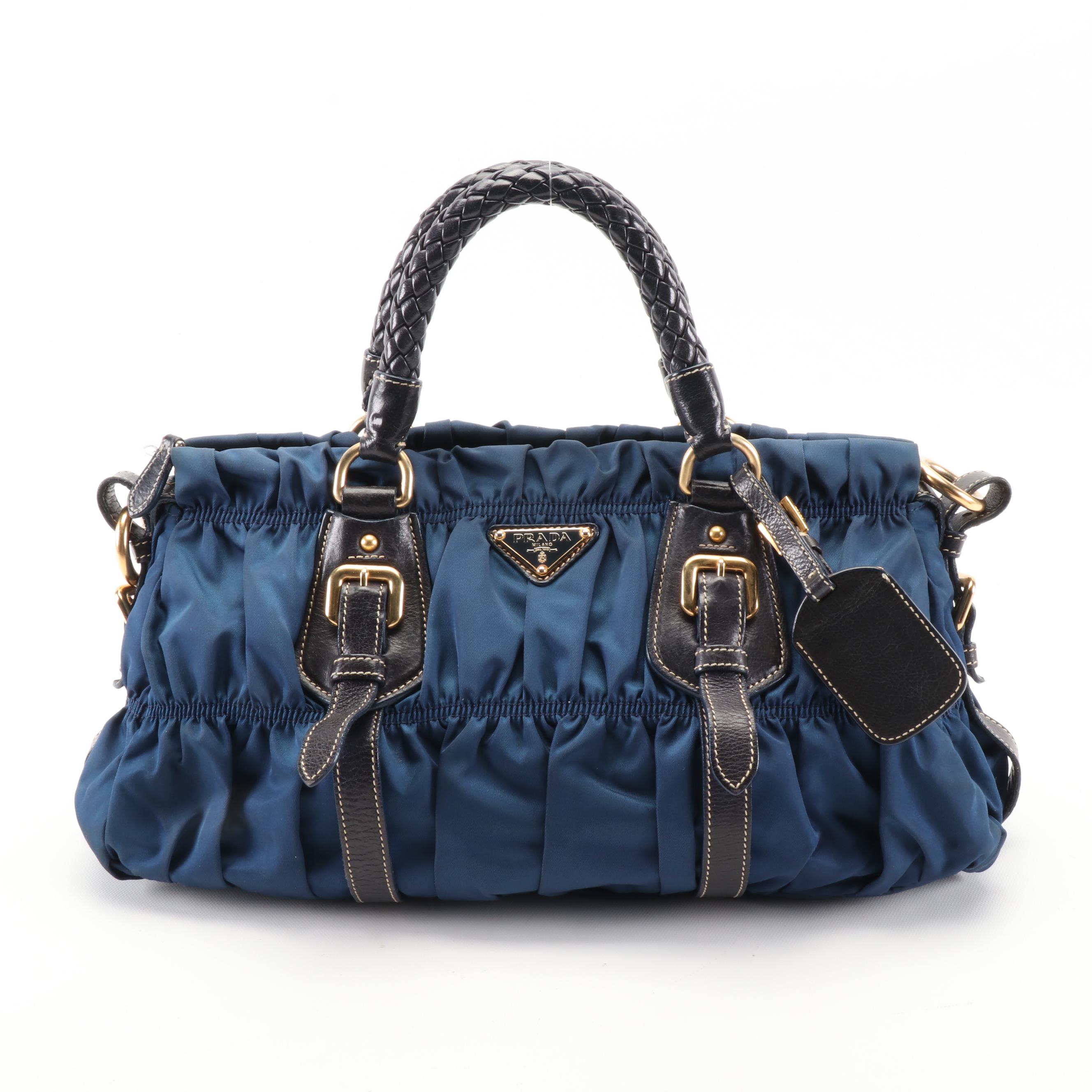 Prada Small Convertible Tote in Dark Blue Tessuto Gaufre Nylon with Leather Trim