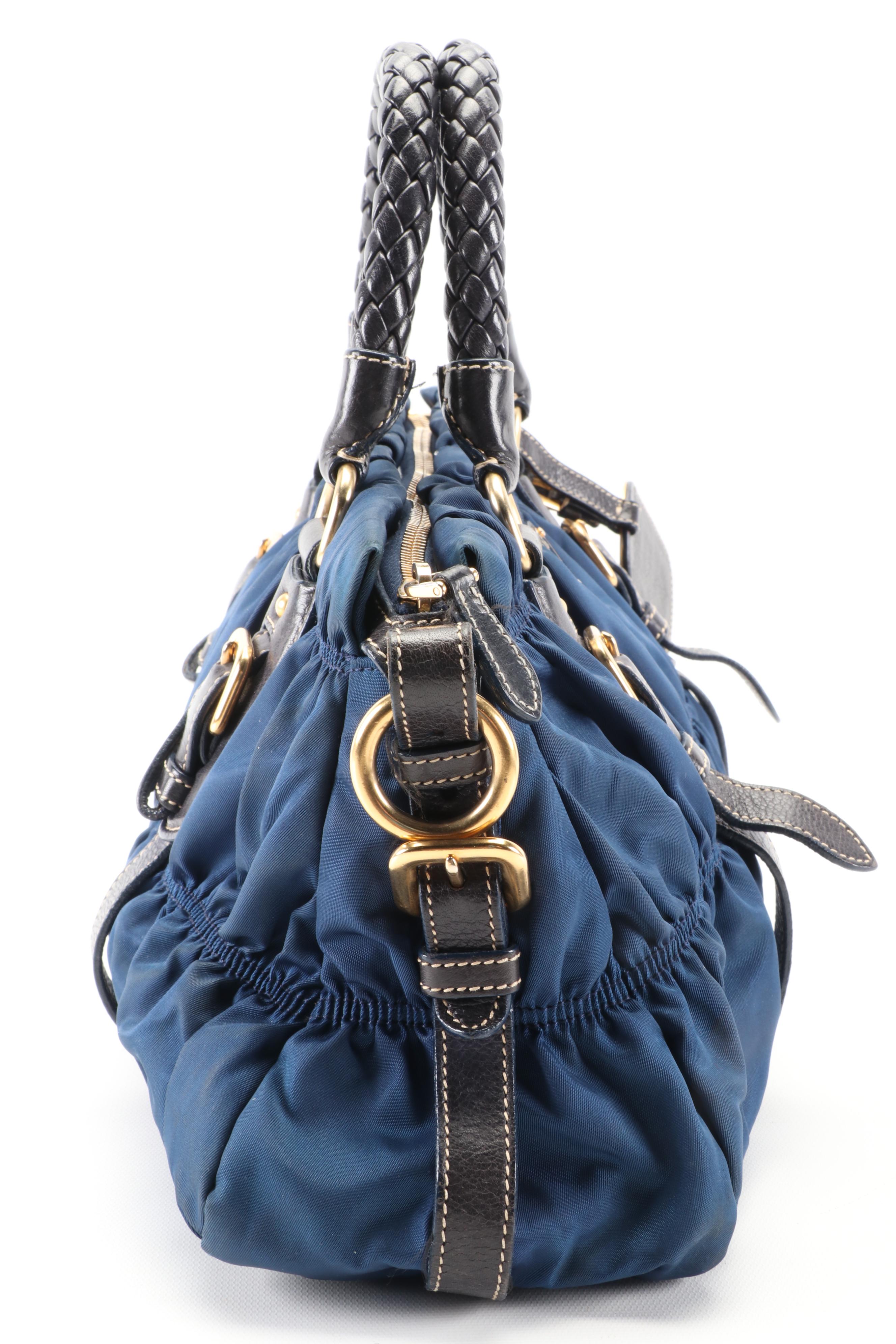 Prada Small Convertible Tote in Dark Blue Tessuto Gaufre Nylon with Leather Trim