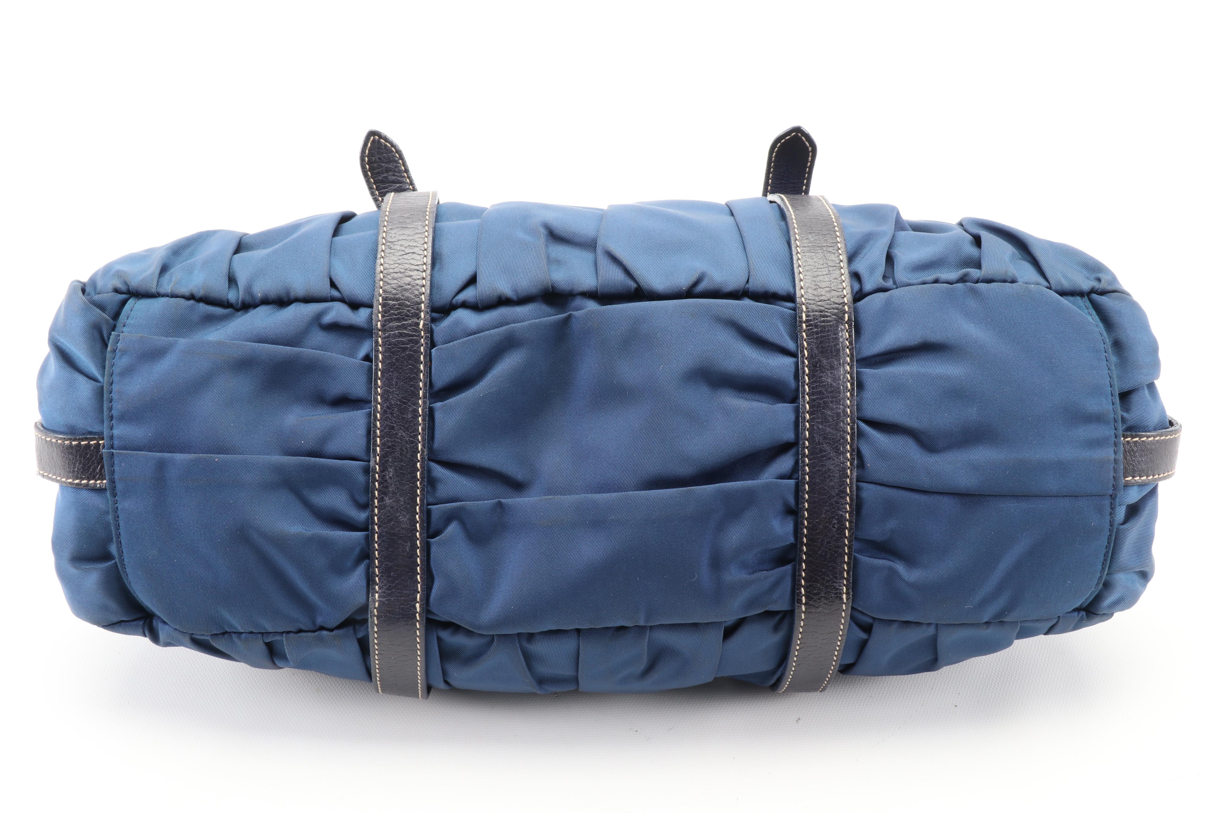 Prada Small Convertible Tote in Dark Blue Tessuto Gaufre Nylon with Leather Trim