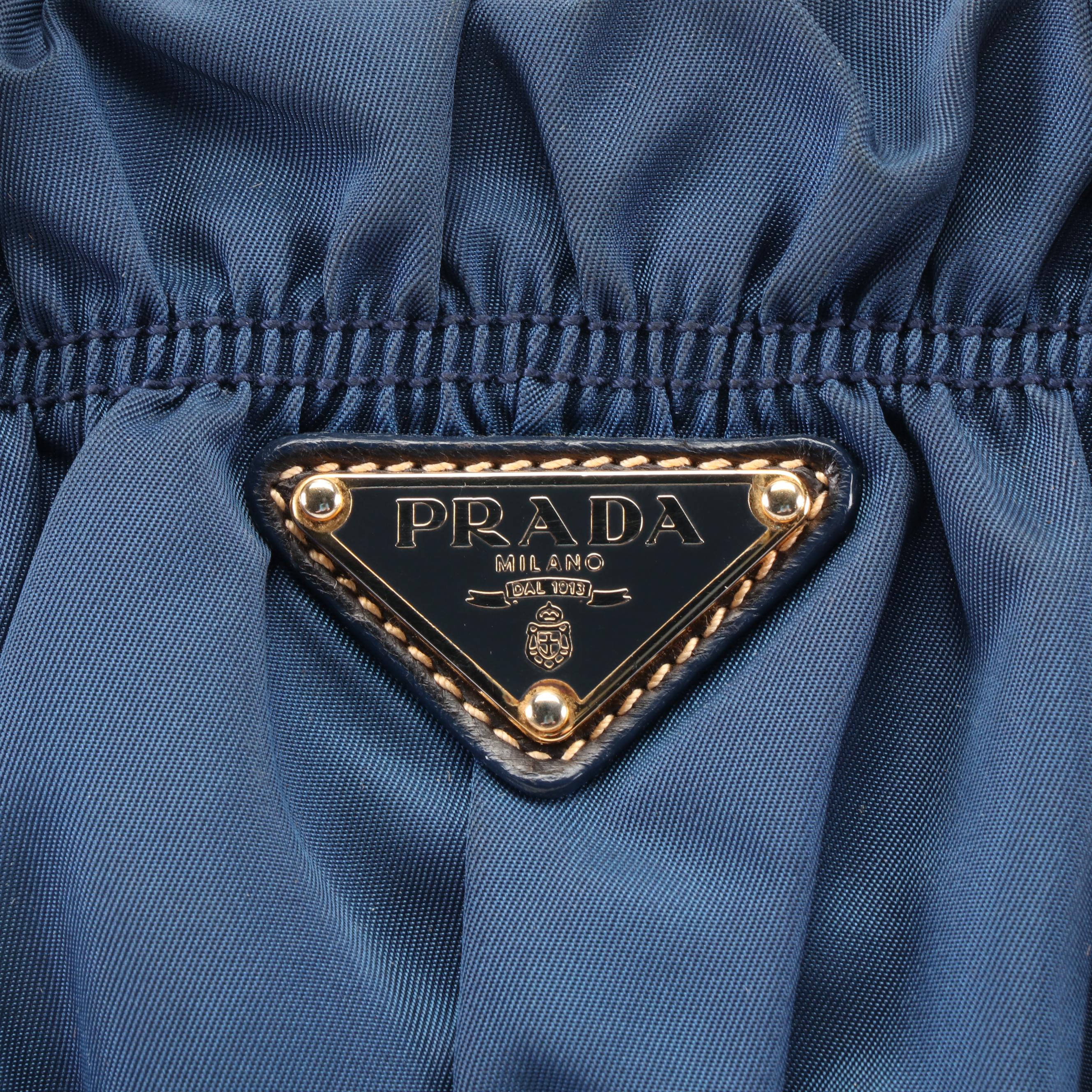 Prada Small Convertible Tote in Dark Blue Tessuto Gaufre Nylon with Leather Trim