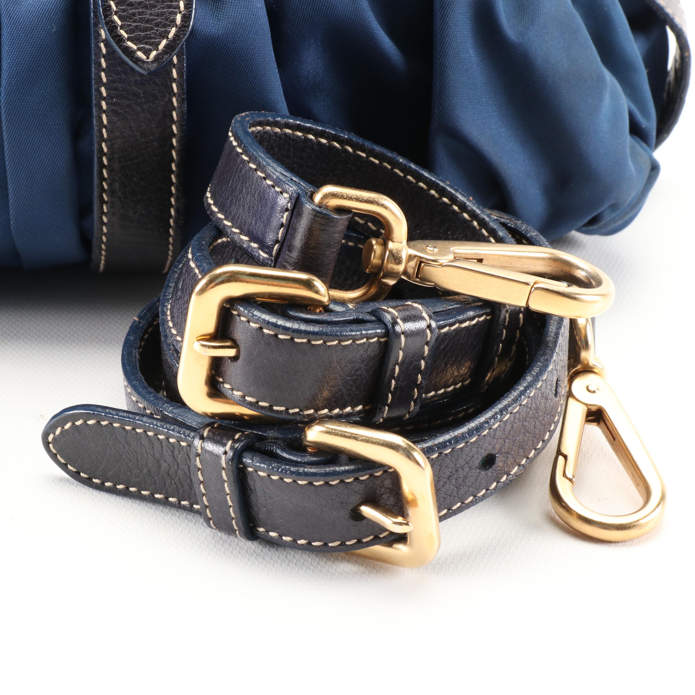 Prada Small Convertible Tote in Dark Blue Tessuto Gaufre Nylon with Leather Trim