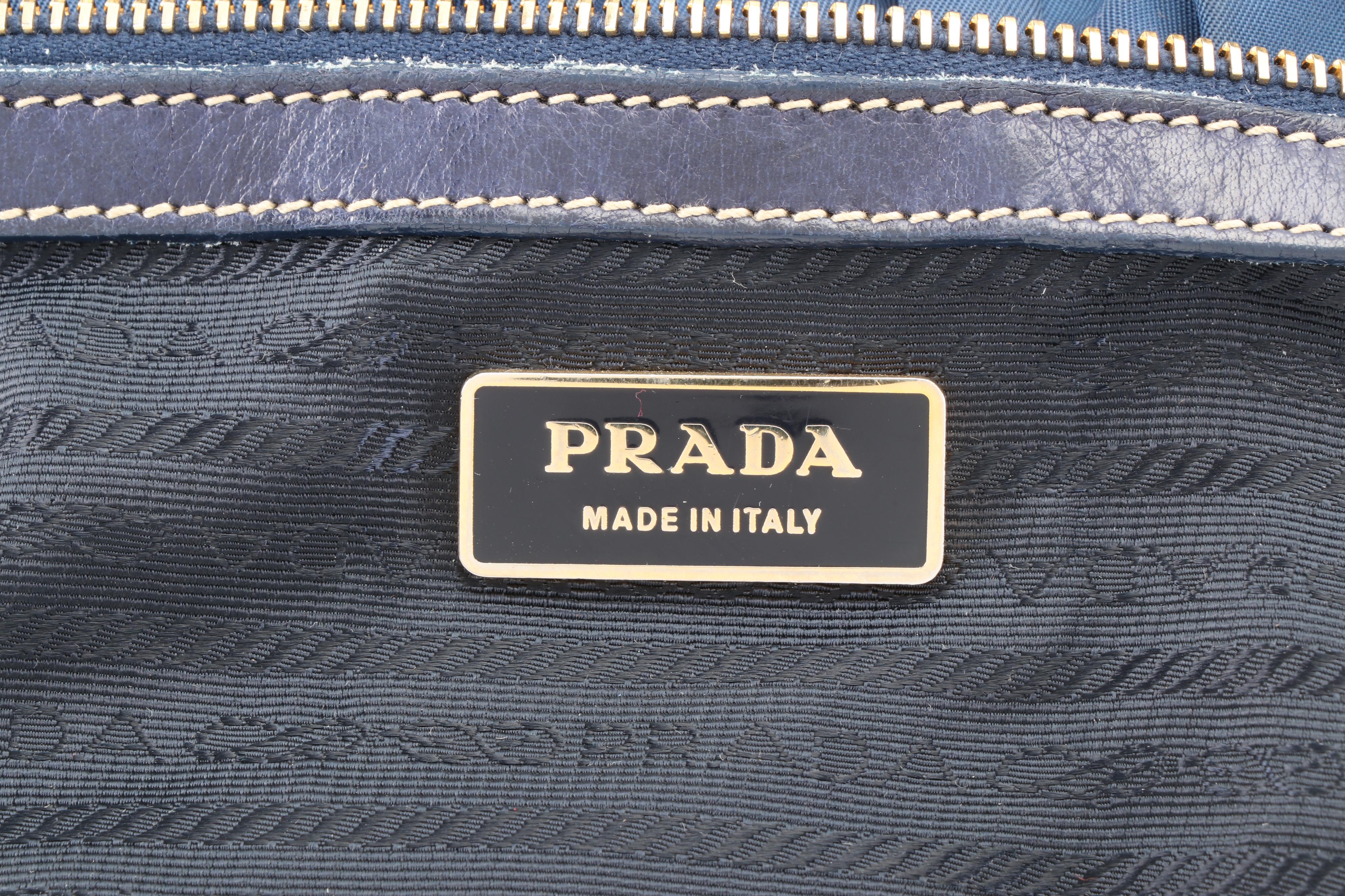 Prada Small Convertible Tote in Dark Blue Tessuto Gaufre Nylon with Leather Trim