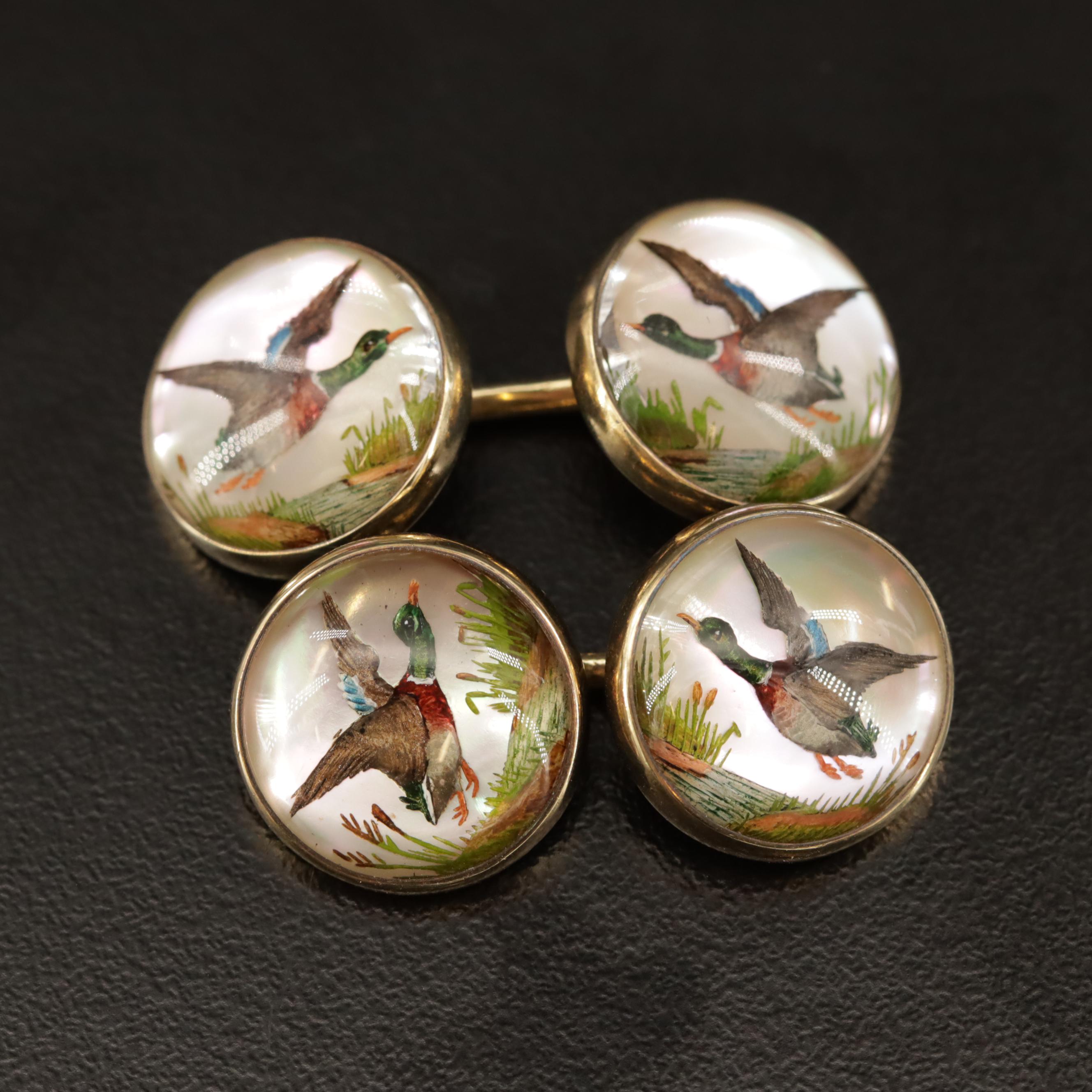 Vintage Tiffany & Co. 14K Mallard Duck Reverse Painted Cufflinks