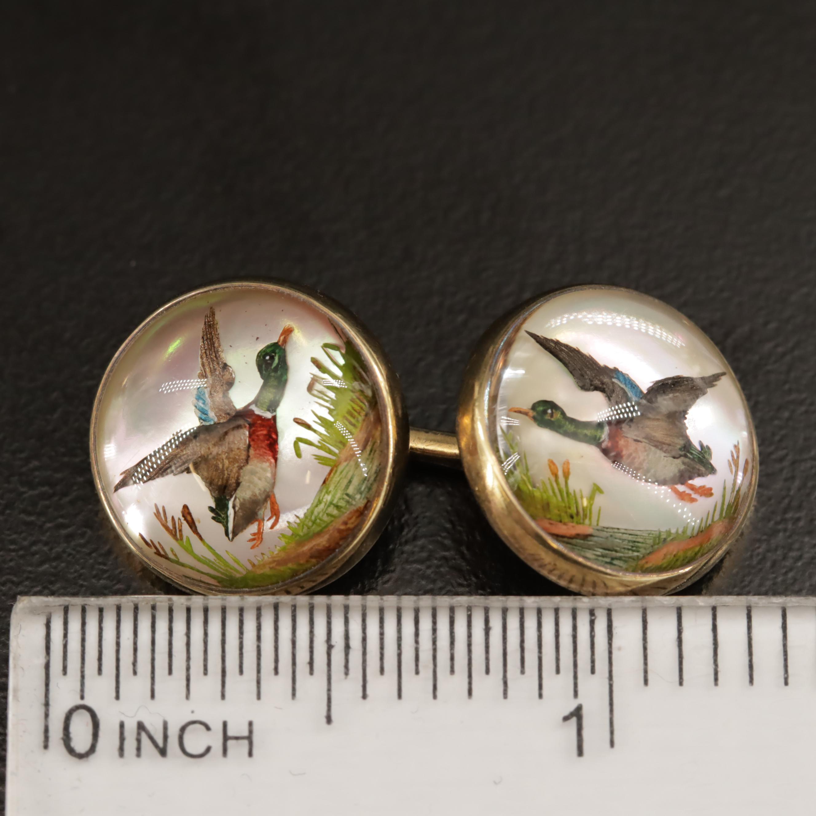 Vintage Tiffany & Co. 14K Mallard Duck Reverse Painted Cufflinks