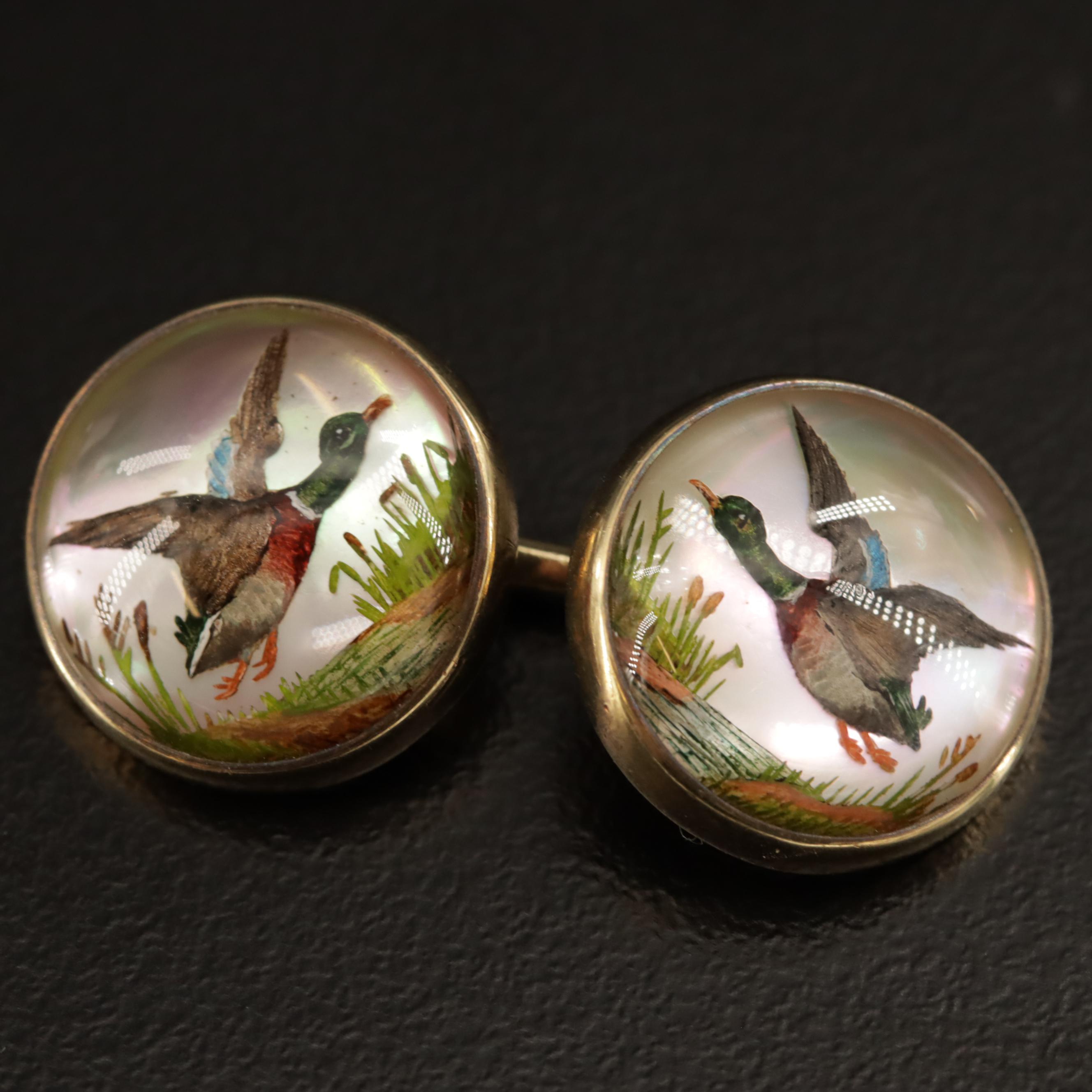Vintage Tiffany & Co. 14K Mallard Duck Reverse Painted Cufflinks