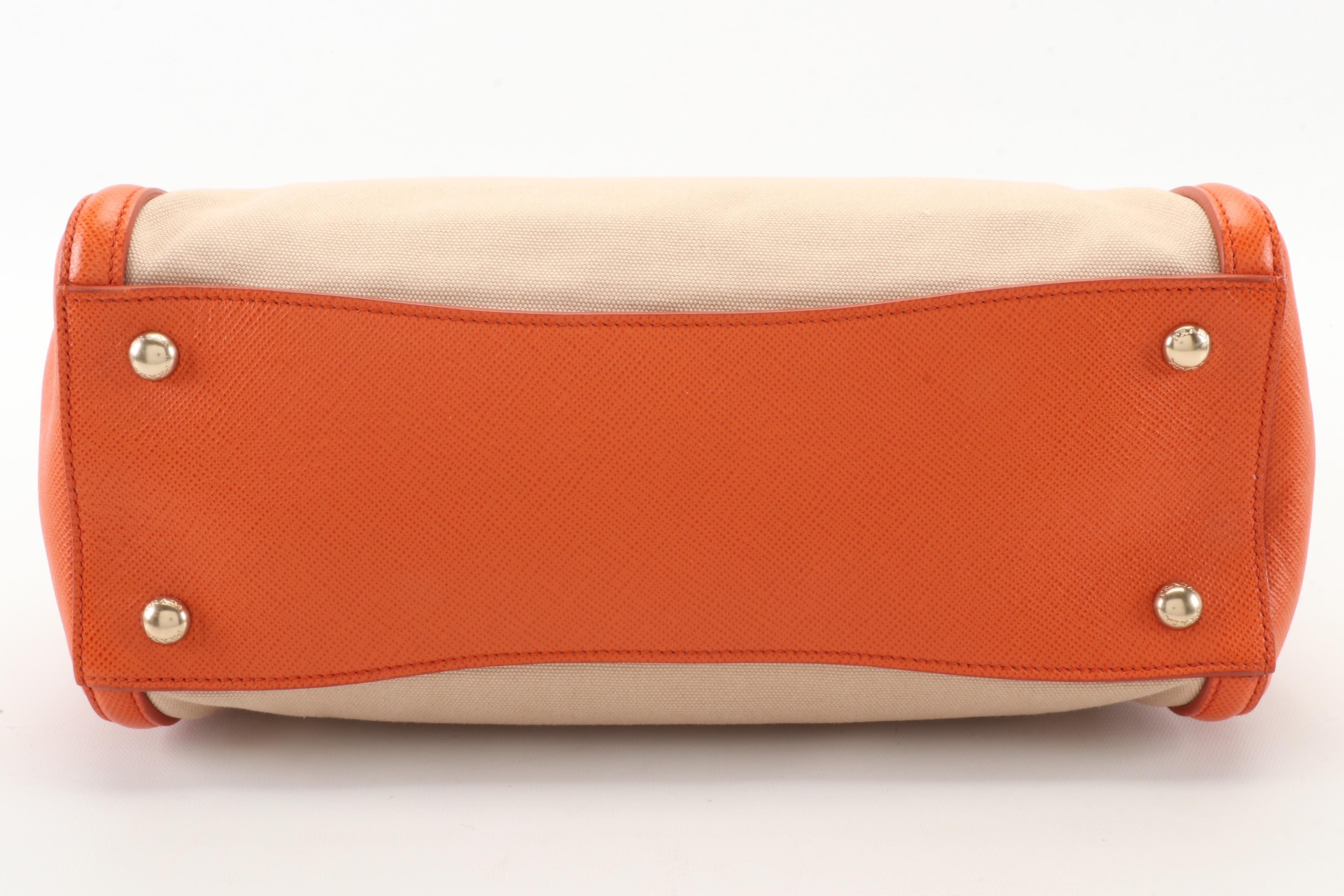 Prada Satchel in Corda Canapa Canvas with Papaya Saffiano Leather Trim