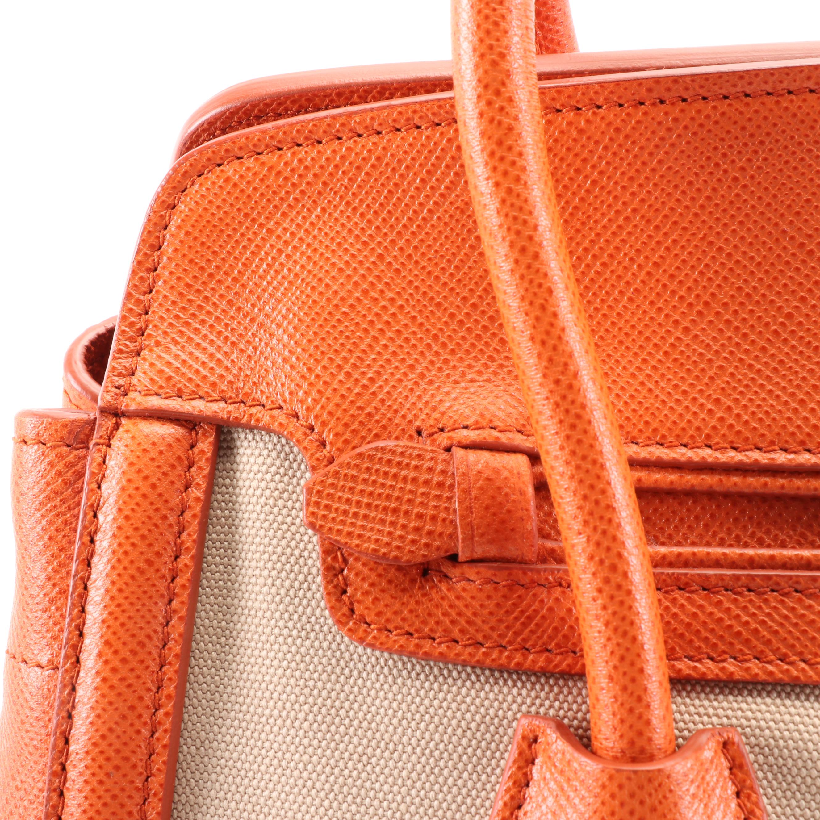 Prada Satchel in Corda Canapa Canvas with Papaya Saffiano Leather Trim