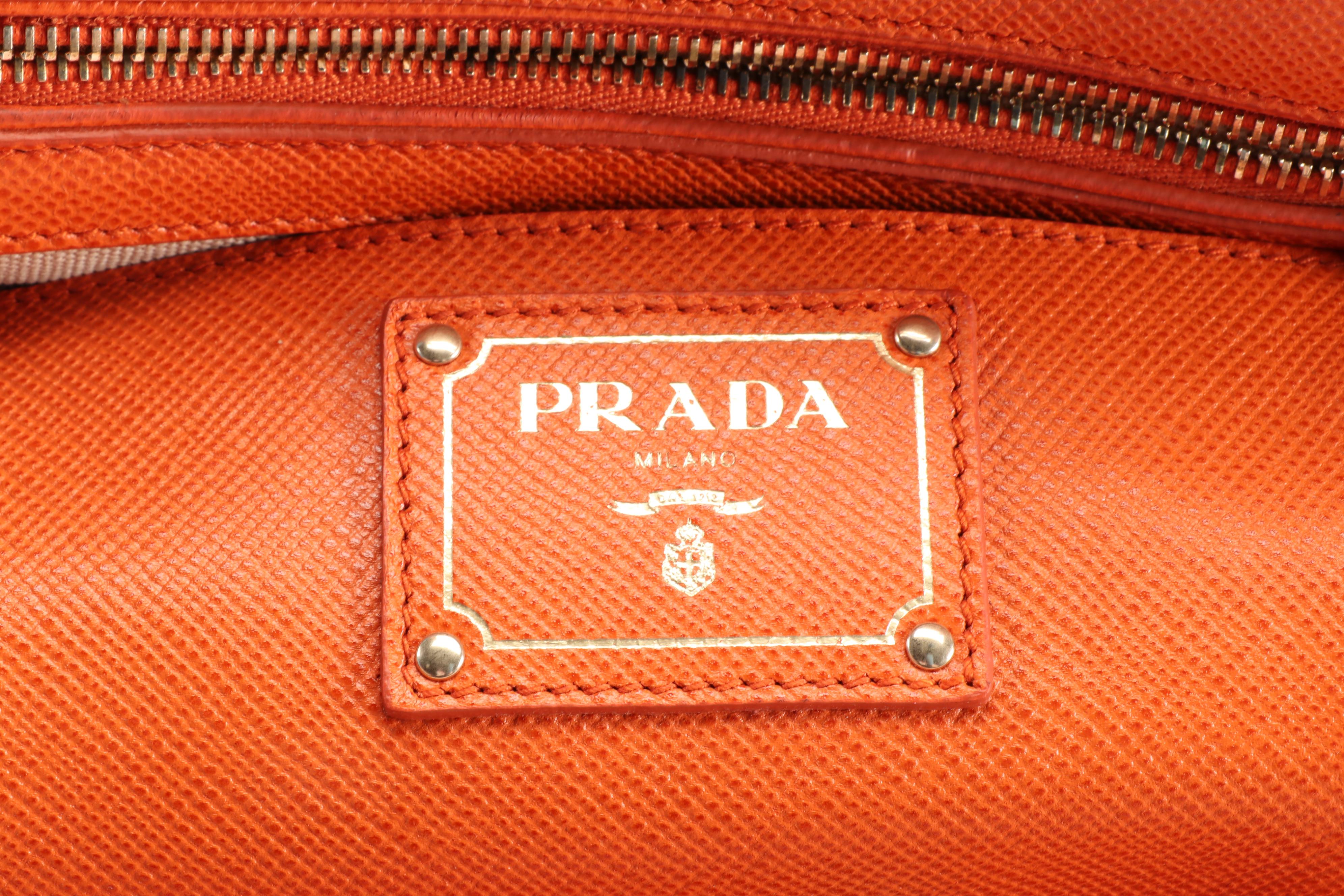 Prada Satchel in Corda Canapa Canvas with Papaya Saffiano Leather Trim