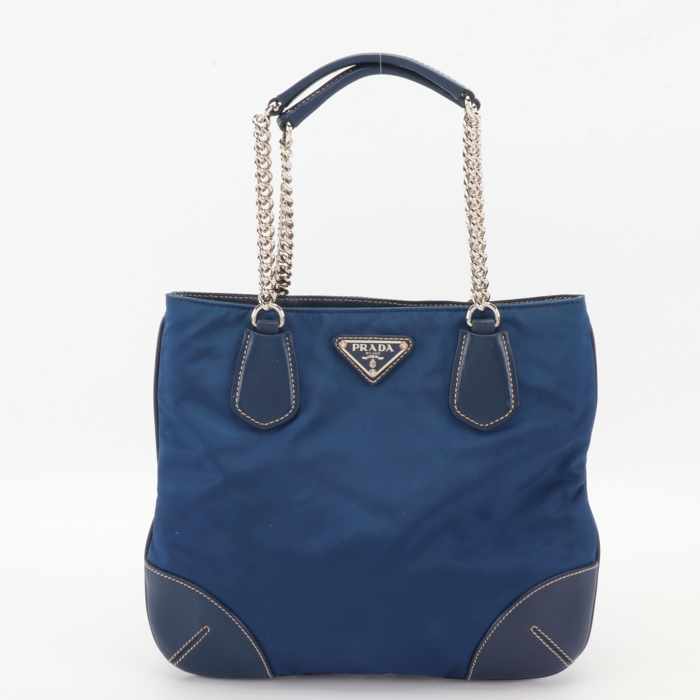 Prada Small Chain Tote in Bluette Tessuto Nylon and Vitello Leather
