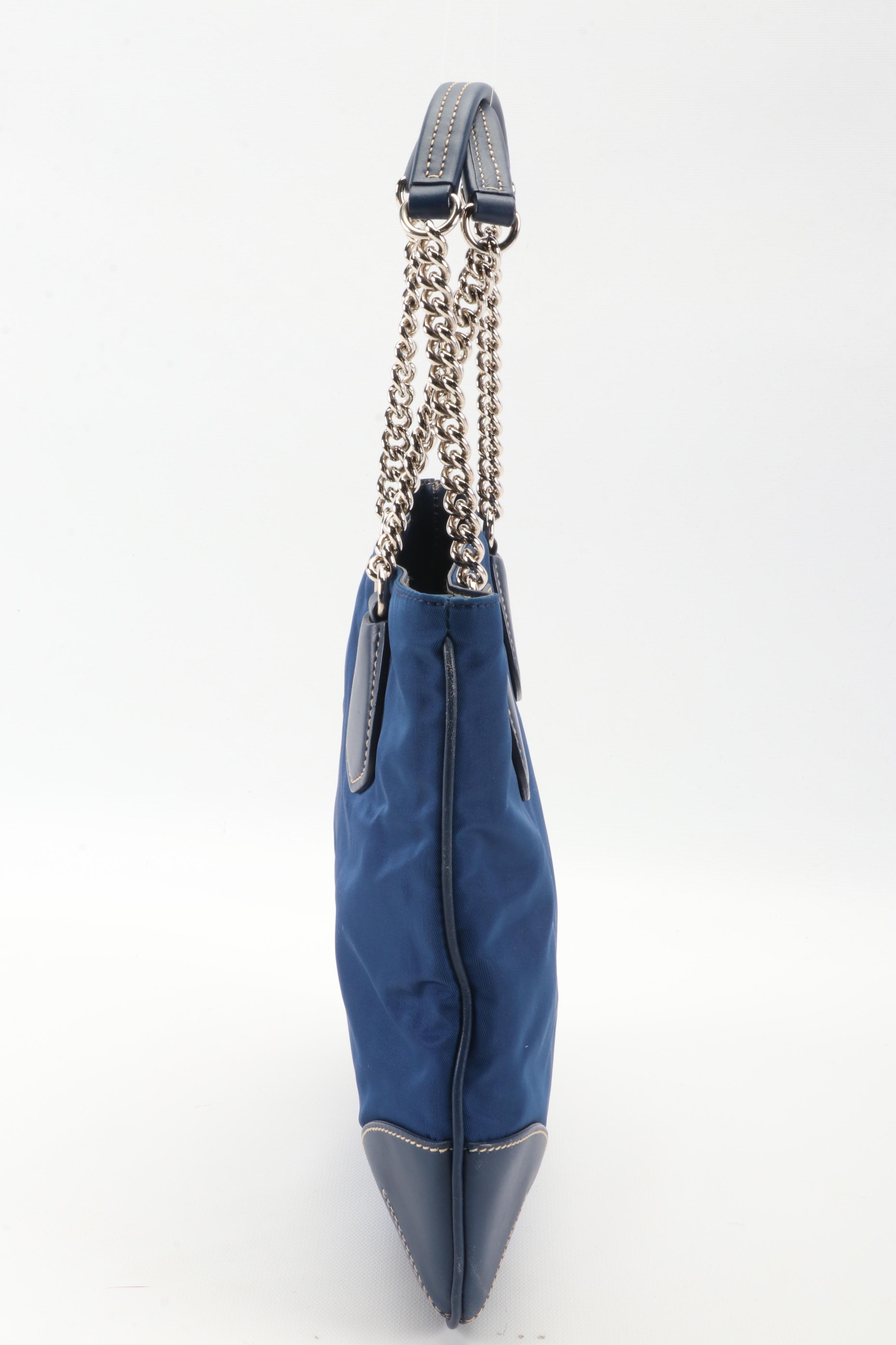 Prada Small Chain Tote in Bluette Tessuto Nylon and Vitello Leather