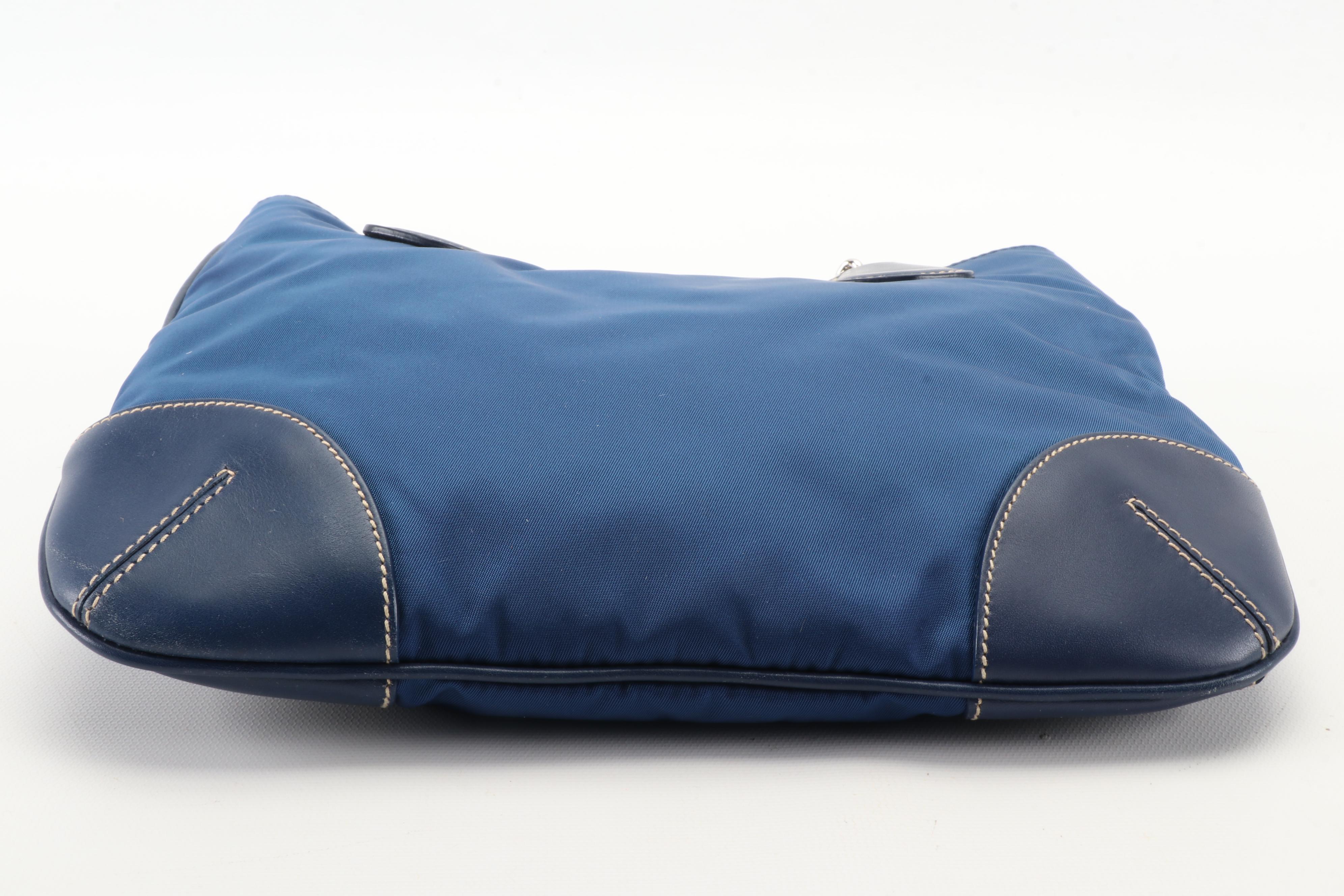 Prada Small Chain Tote in Bluette Tessuto Nylon and Vitello Leather