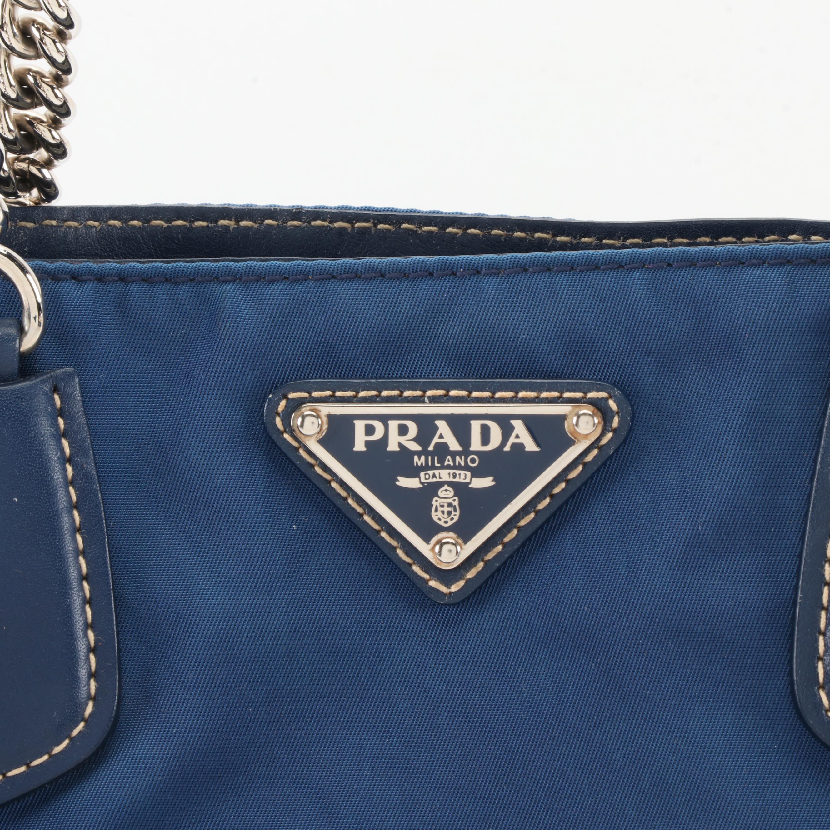 Prada Small Chain Tote in Bluette Tessuto Nylon and Vitello Leather