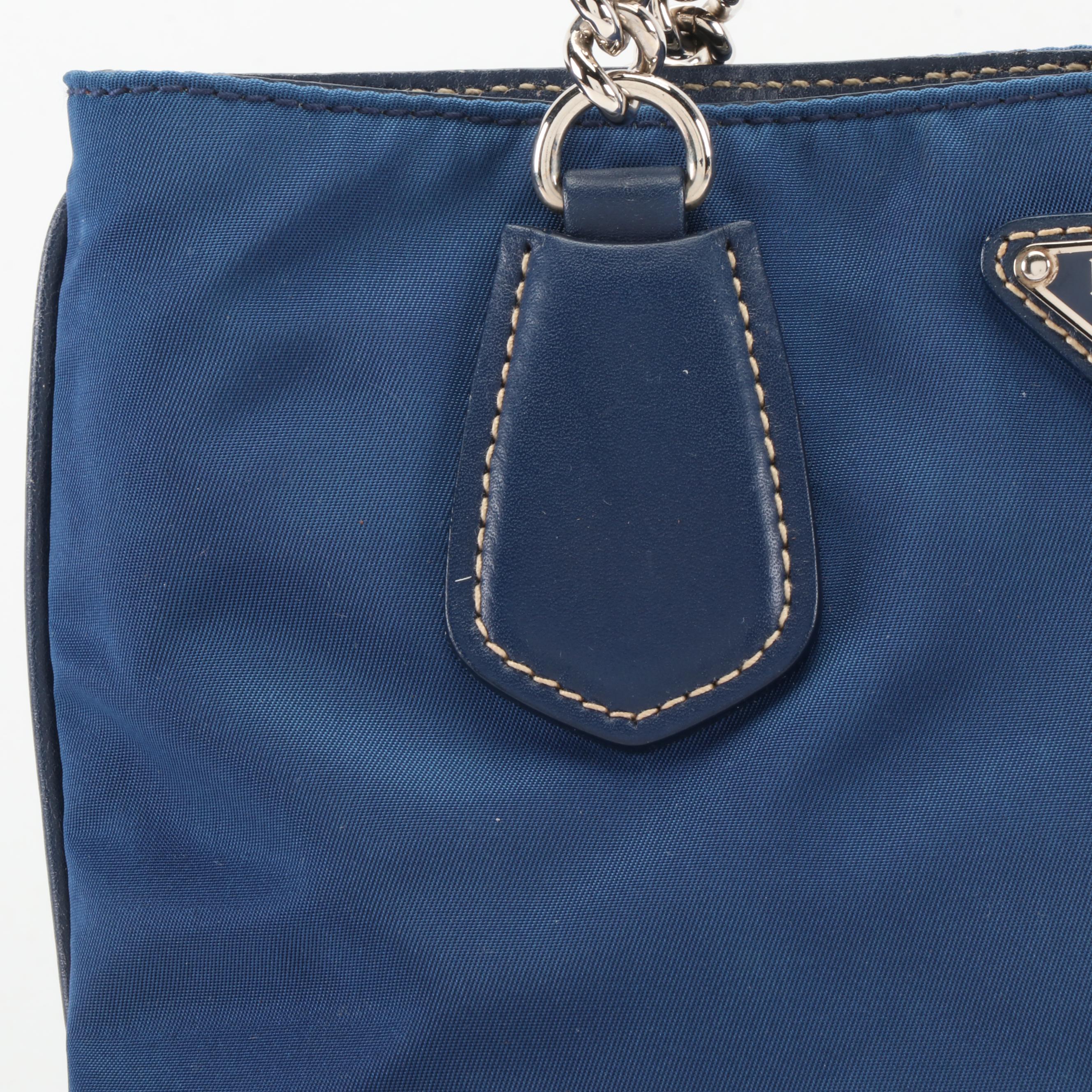 Prada Small Chain Tote in Bluette Tessuto Nylon and Vitello Leather