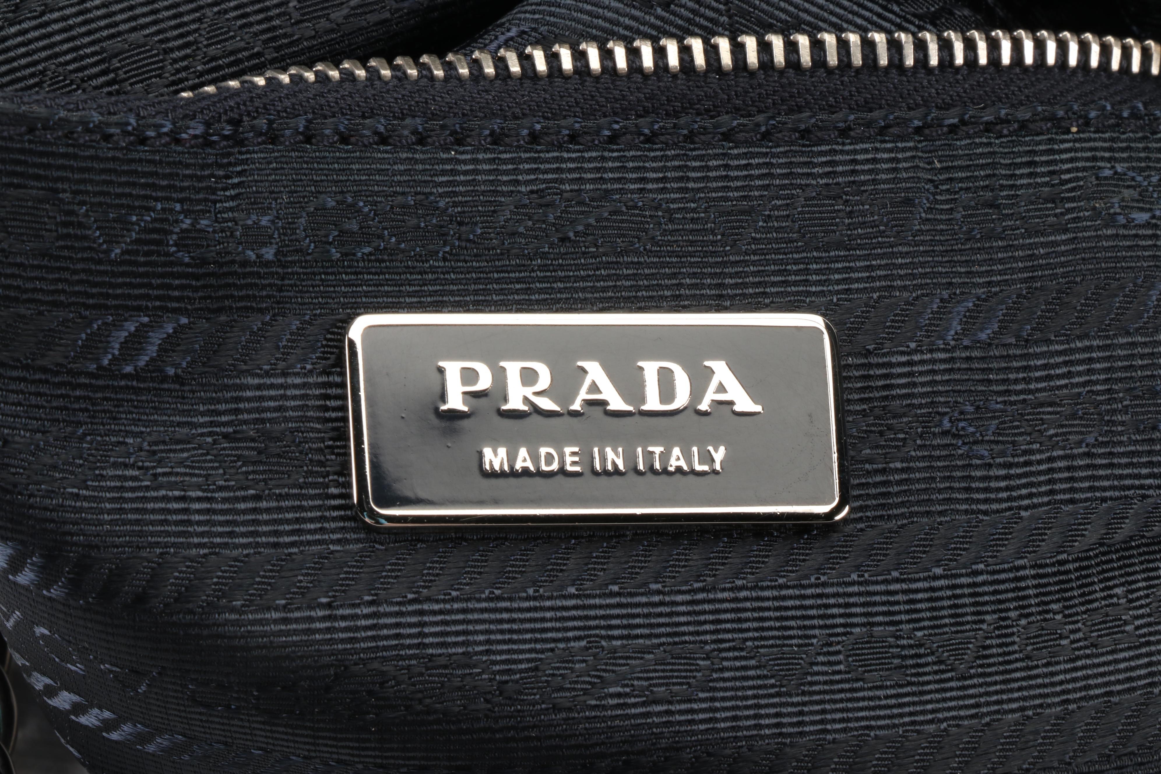 Prada Small Chain Tote in Bluette Tessuto Nylon and Vitello Leather